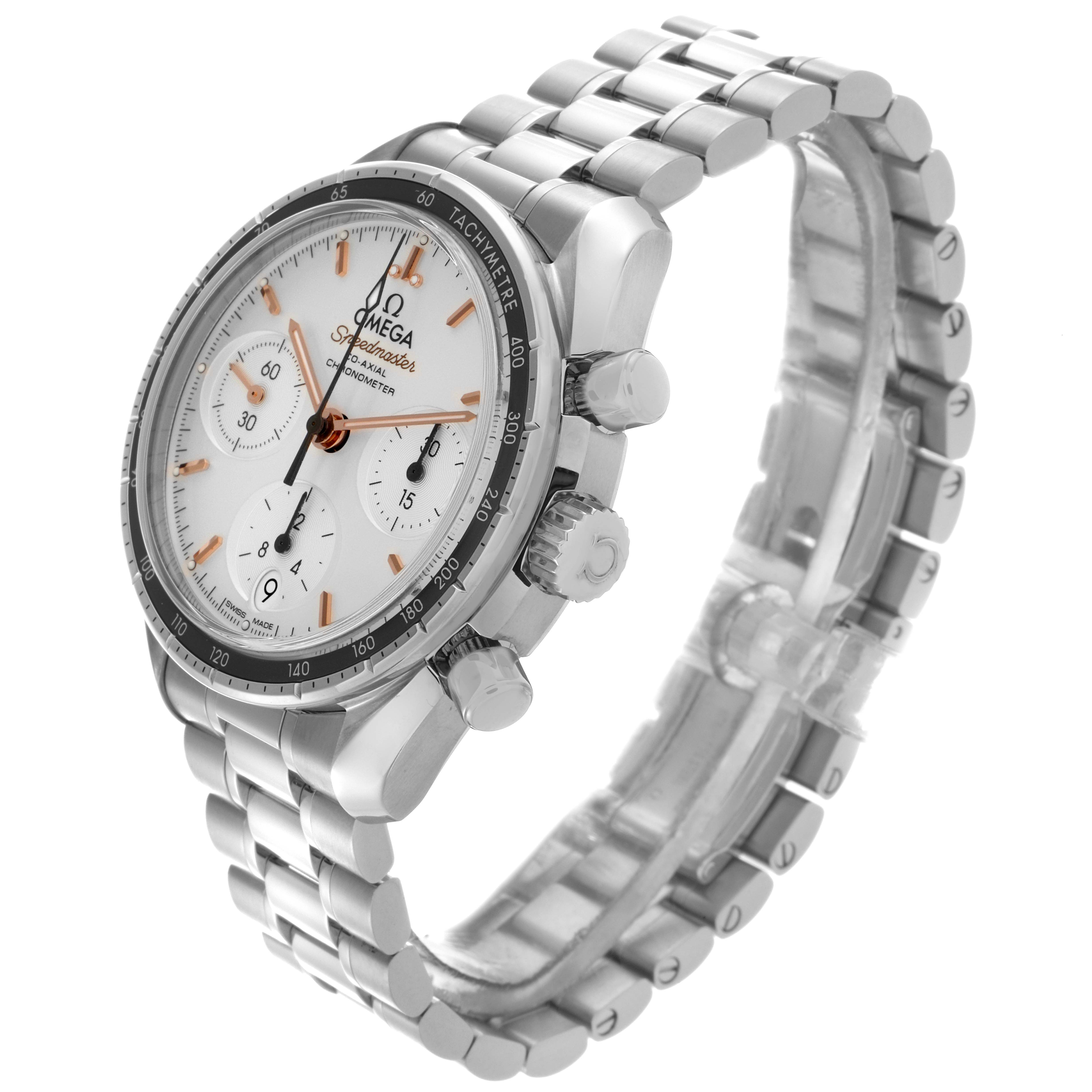 The Omega Speedmaster 324.30.38.50.02.001 Men
s Stainless Steel Silver Dial 324.30.38.50.02.001 Men
s Stainless Steel Silver Dial watch is shown at a three-quarter angle, highlighting the face, crown, pushers, and bracelet.