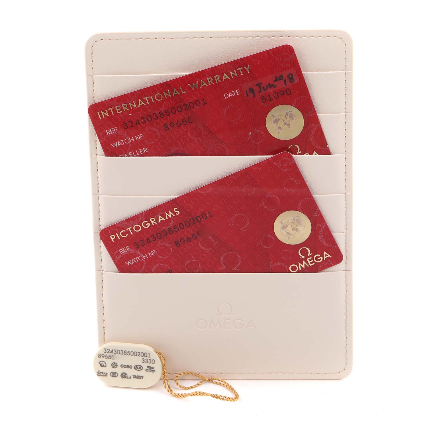 The image shows Omega Speedmaster 324.30.38.50.02.001 Men
s Stainless Steel Silver Dial 324.30.38.50.02.001 Men
s Stainless Steel Silver Dial accessories, including warranty cards and a tag, all arranged vertically.