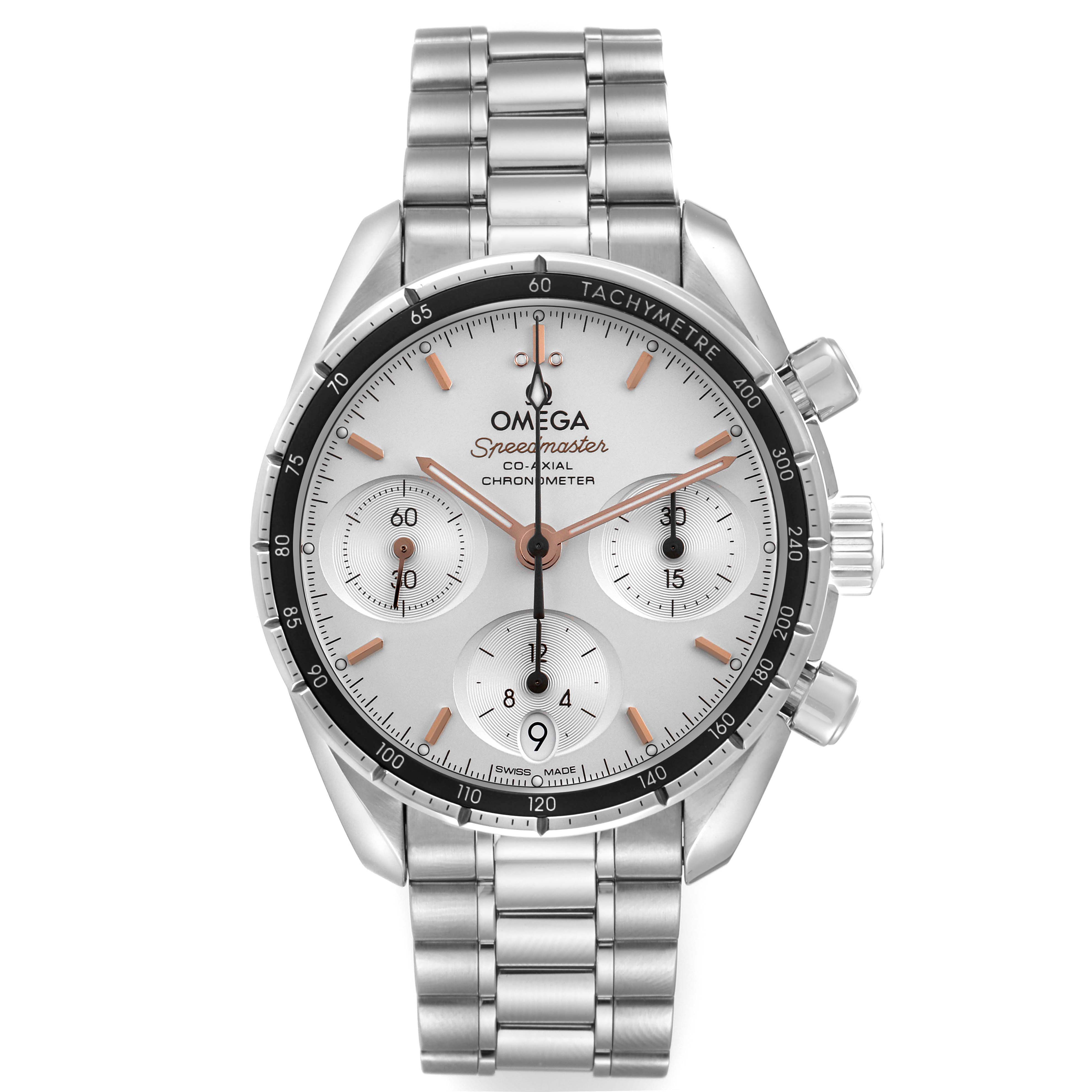 The Omega Speedmaster 324.30.38.50.02.001 Men
s Stainless Steel Silver Dial 324.30.38.50.02.001 Men
s Stainless Steel Silver Dial watch is shown from a front angle, displaying its face, tachymeter bezel, and stainless steel bracelet.