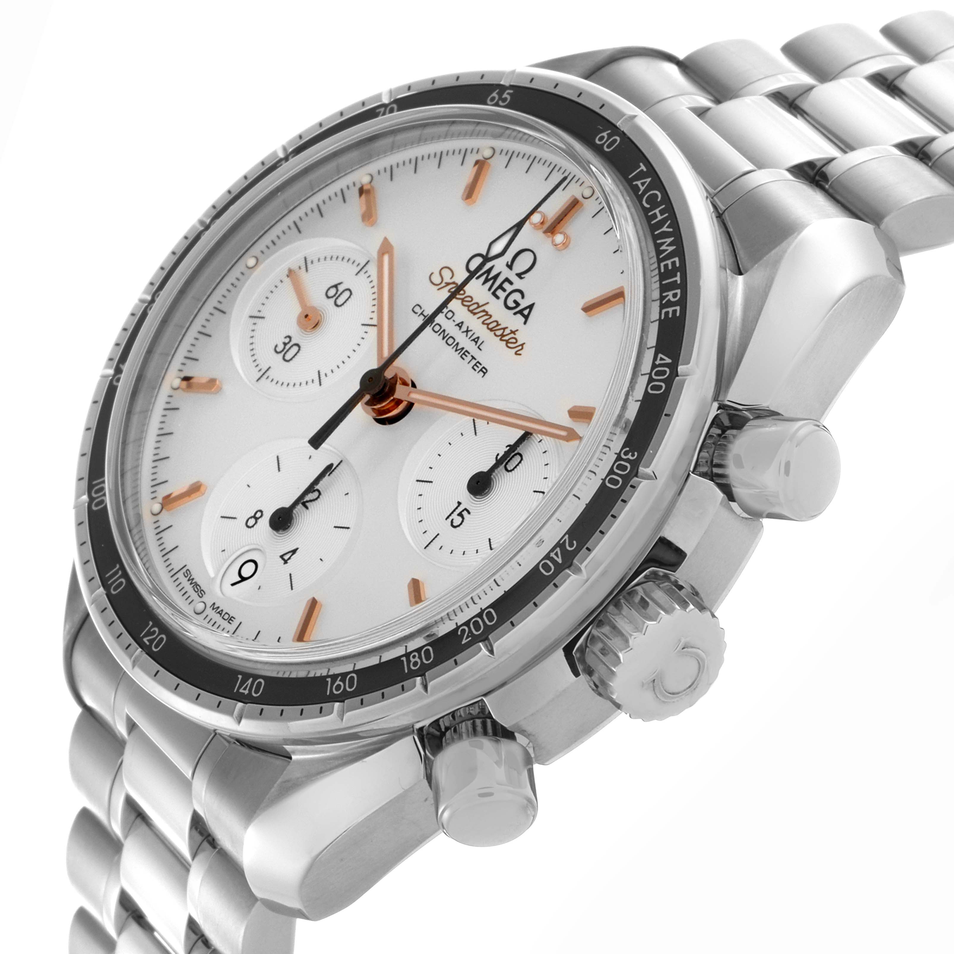 The Omega Speedmaster 324.30.38.50.02.001 Men
s Stainless Steel Silver Dial 324.30.38.50.02.001 Men
s Stainless Steel Silver Dial watch is shown at an angled frontal view, highlighting the dial, bezel, chronograph sub-dials, and pushers.