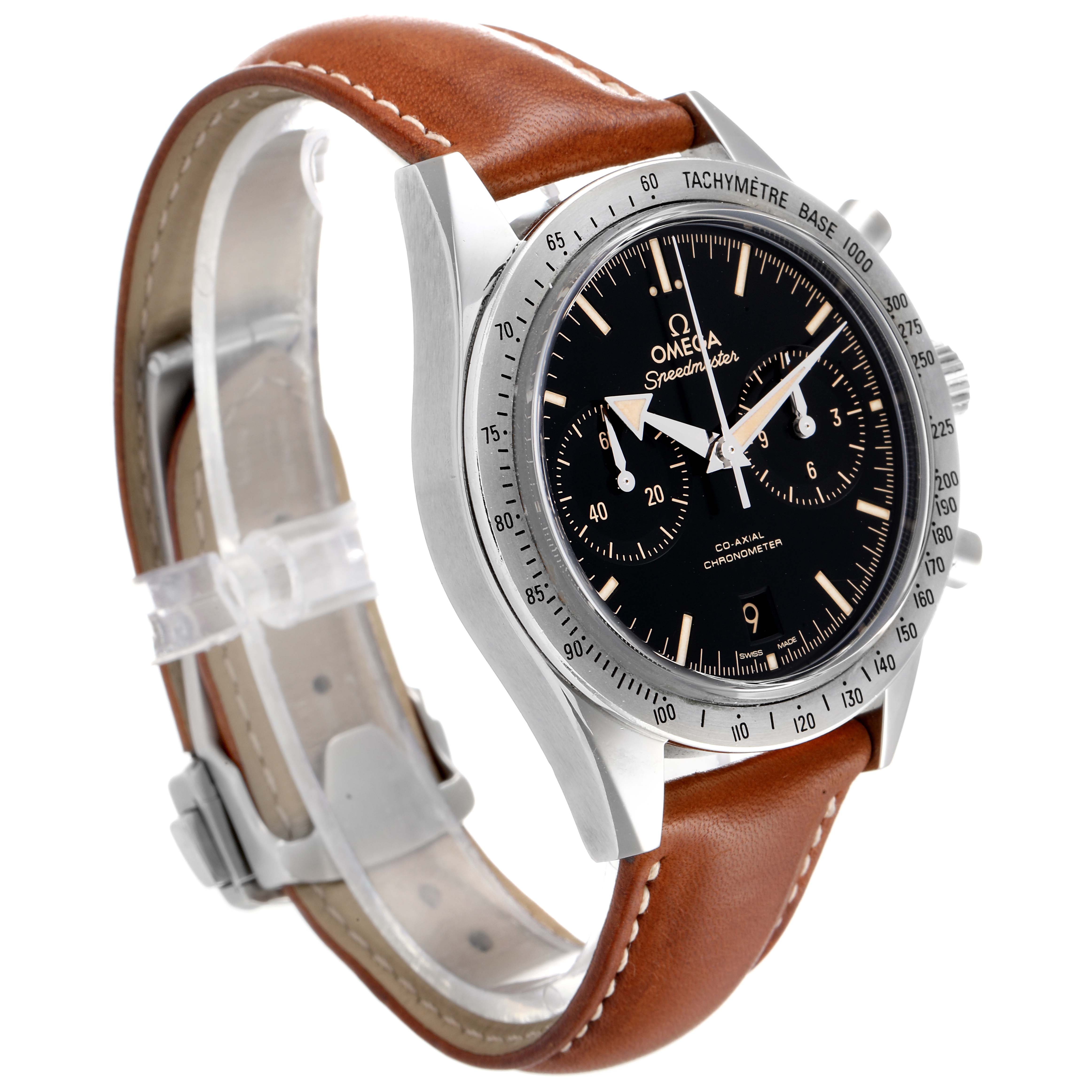 An Omega Speedmaster 331.12.42.51.01.002 Men's Stainless Steel Black Dial 331.12.42.51.01.002 Men's Stainless Steel Black Dial watch angled from the top right, showing the face, bezel, chronograph subdials, and brown leather strap.