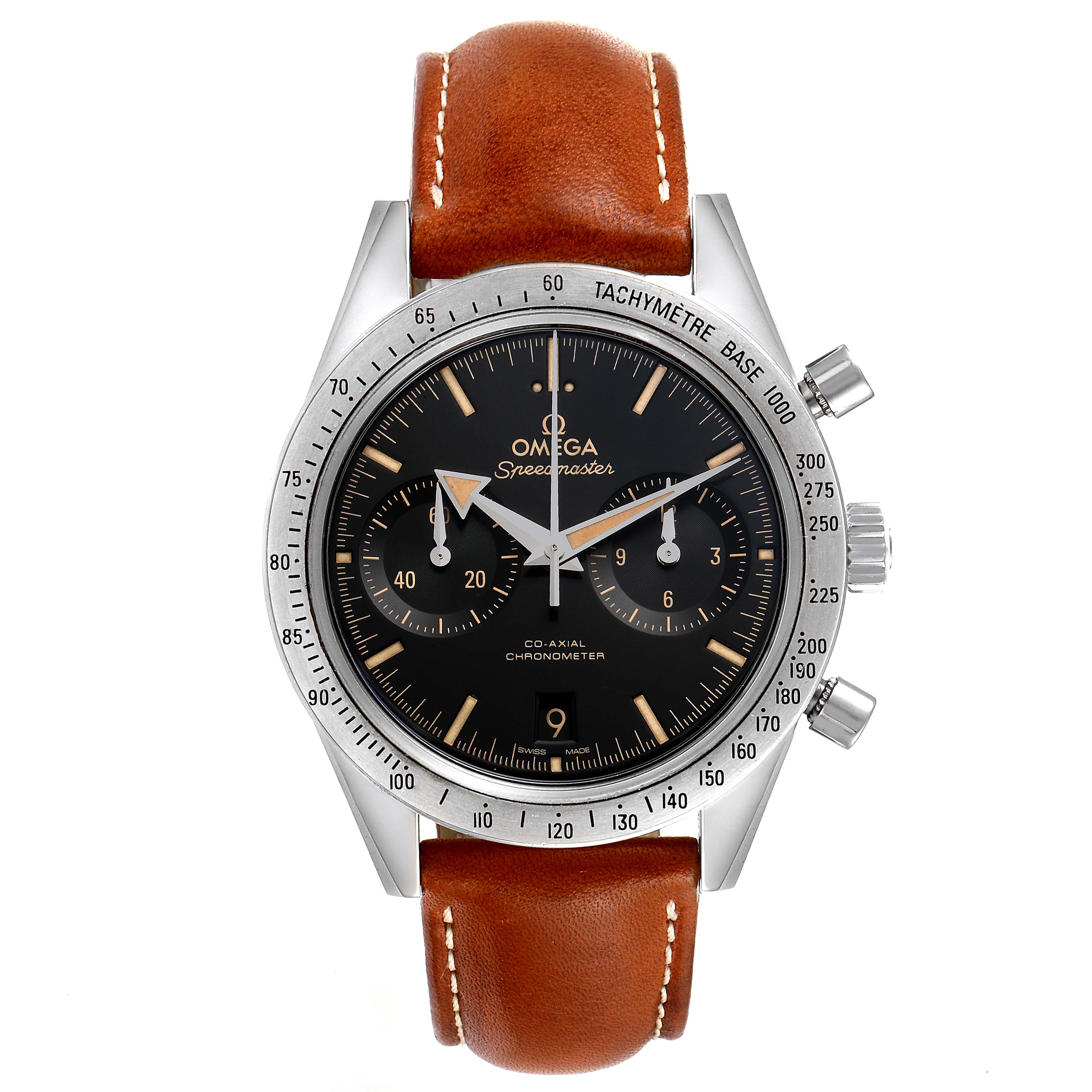 The image shows an Omega Speedmaster 331.12.42.51.01.002 Men's Stainless Steel Black Dial 331.12.42.51.01.002 Men's Stainless Steel Black Dial watch from the front, highlighting the dial, bezel, pushers, and brown leather strap.