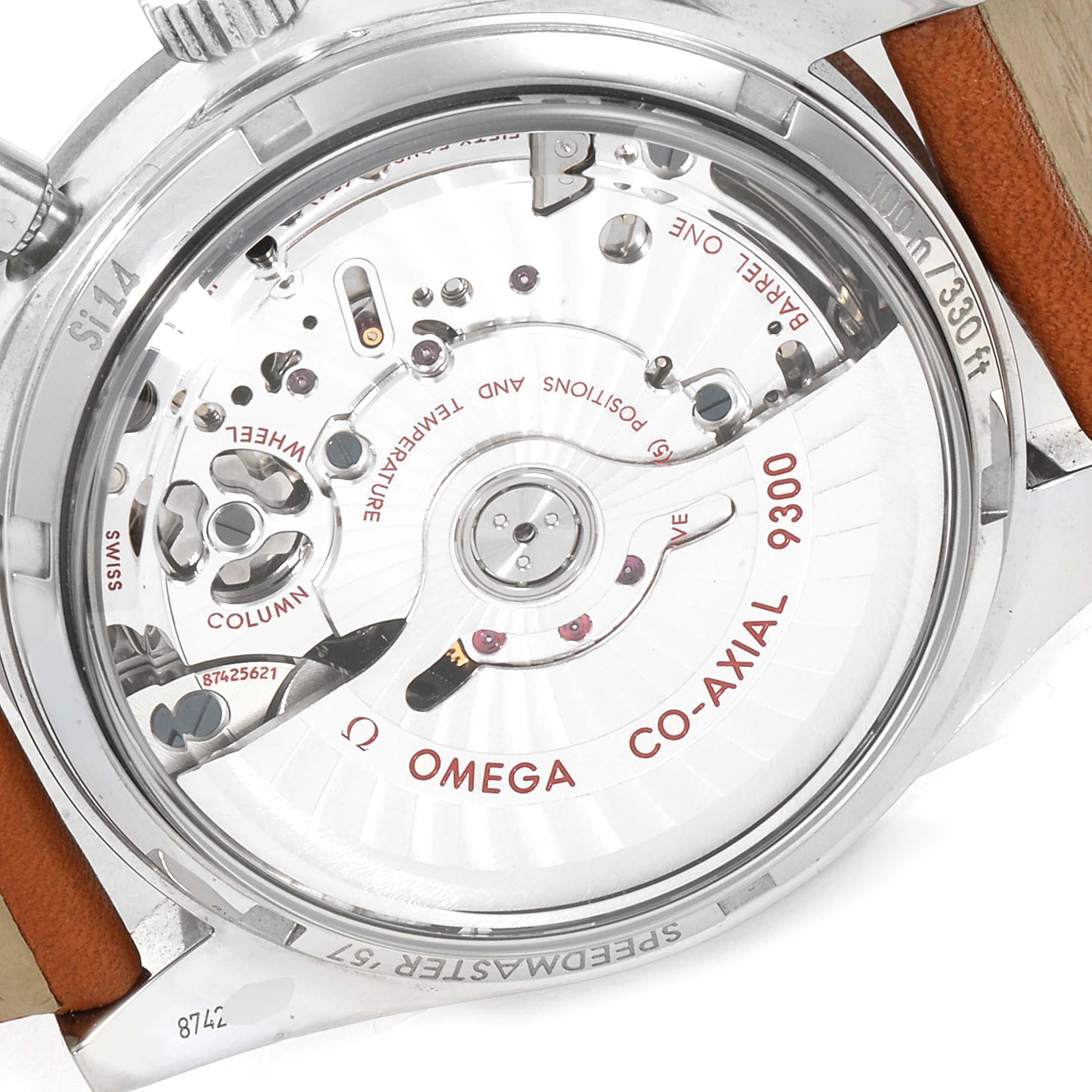 The image shows the back view of the Omega Speedmaster 331.12.42.51.01.002 Men's Stainless Steel Black Dial 331.12.42.51.01.002 Men's Stainless Steel Black Dial watch, focusing on its exposed Co-Axial 9300 movement.