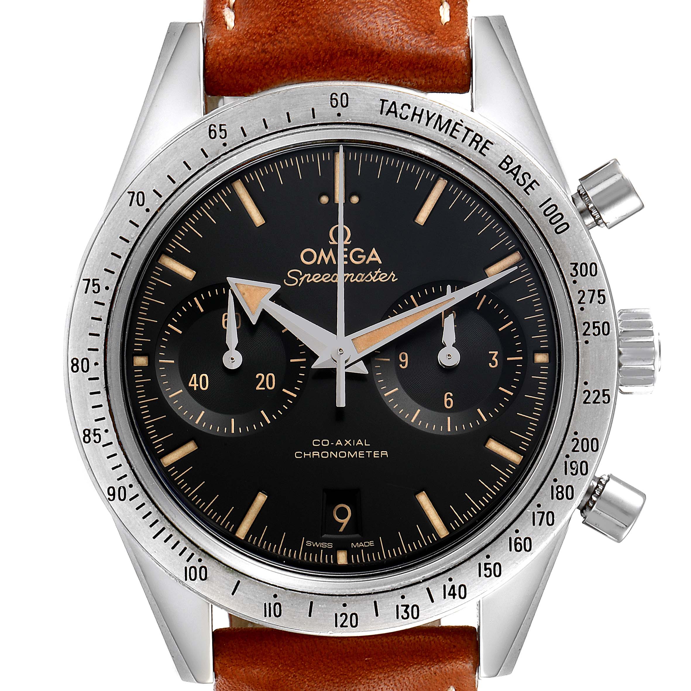 The image shows a frontal view of an Omega Speedmaster 331.12.42.51.01.002 Men's Stainless Steel Black Dial 331.12.42.51.01.002 Men's Stainless Steel Black Dial watch, highlighting its bezel, dial, sub-dials, and crown.