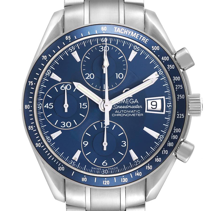 The Omega Speedmaster watch is shown from the front, displaying the dial, subdials, and tachymeter bezel.