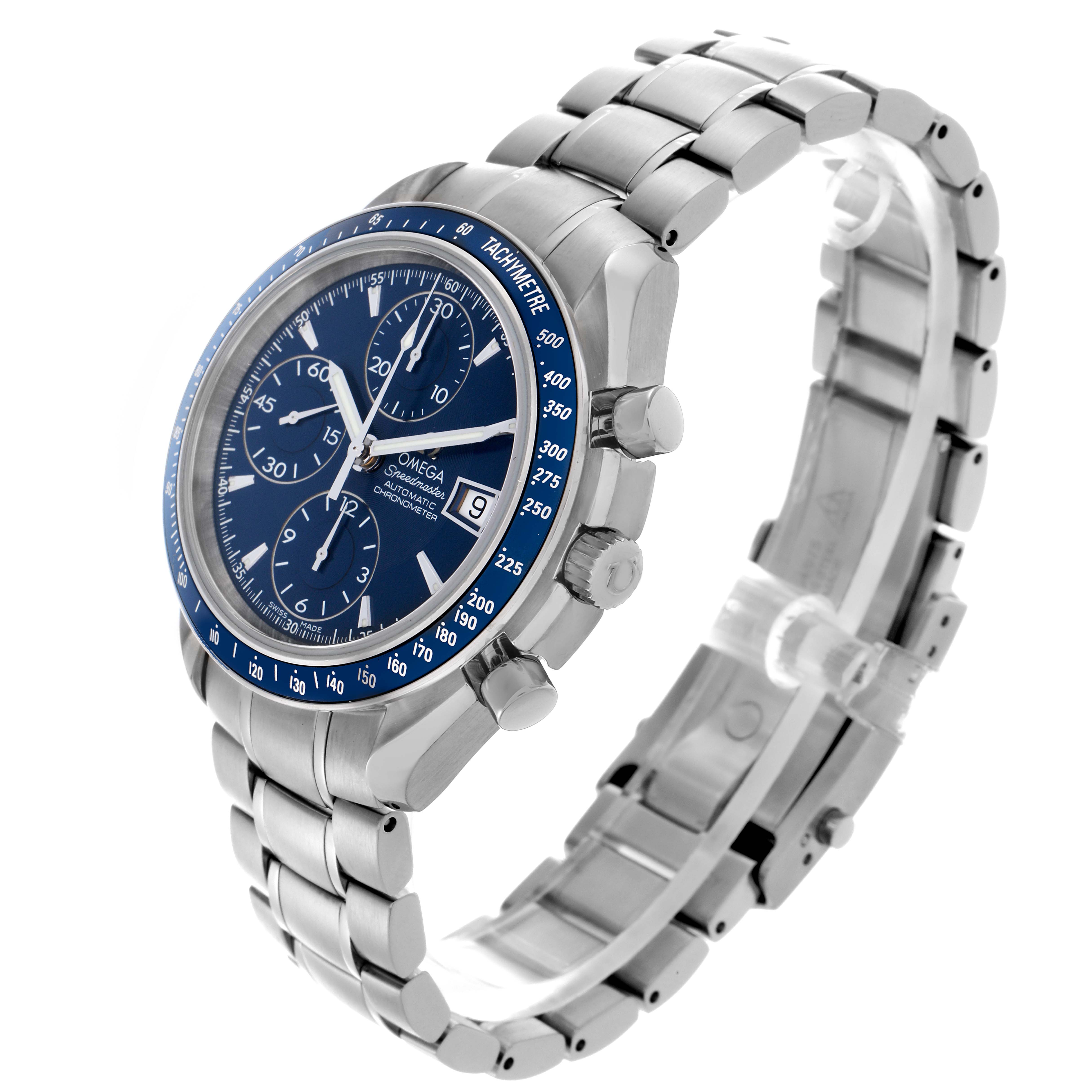 The Omega Speedmaster 3212.80.00 Men
s Stainless Steel Blue Dial 3212.80.00 Men
s Stainless Steel Blue Dial watch is shown at a side angle highlighting the blue dial, bezel, and metal bracelet.