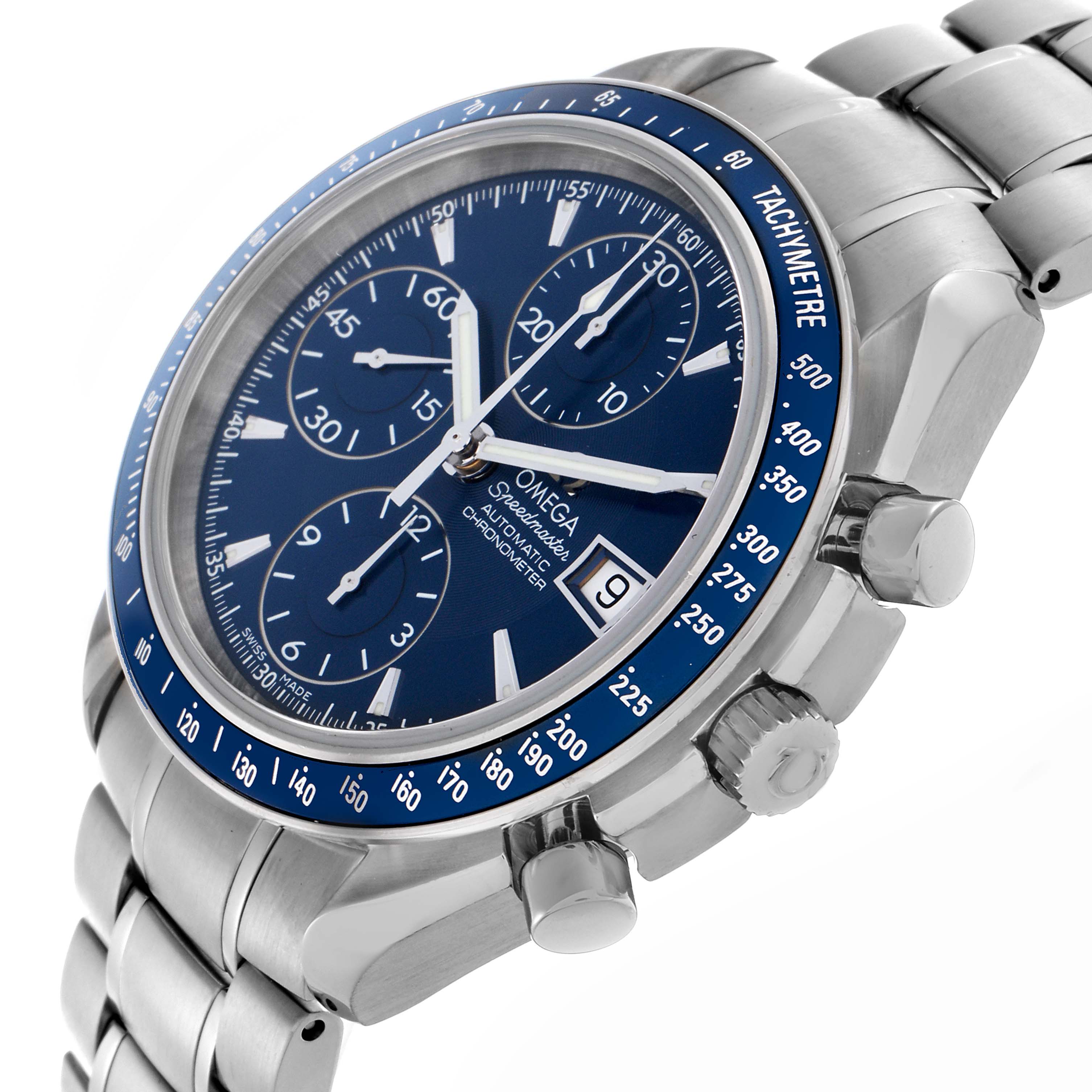 The image shows an Omega Speedmaster 3212.80.00 Men
s Stainless Steel Blue Dial 3212.80.00 Men
s Stainless Steel Blue Dial watch at an angle, highlighting the blue dial, tachymeter bezel, and stainless steel bracelet.