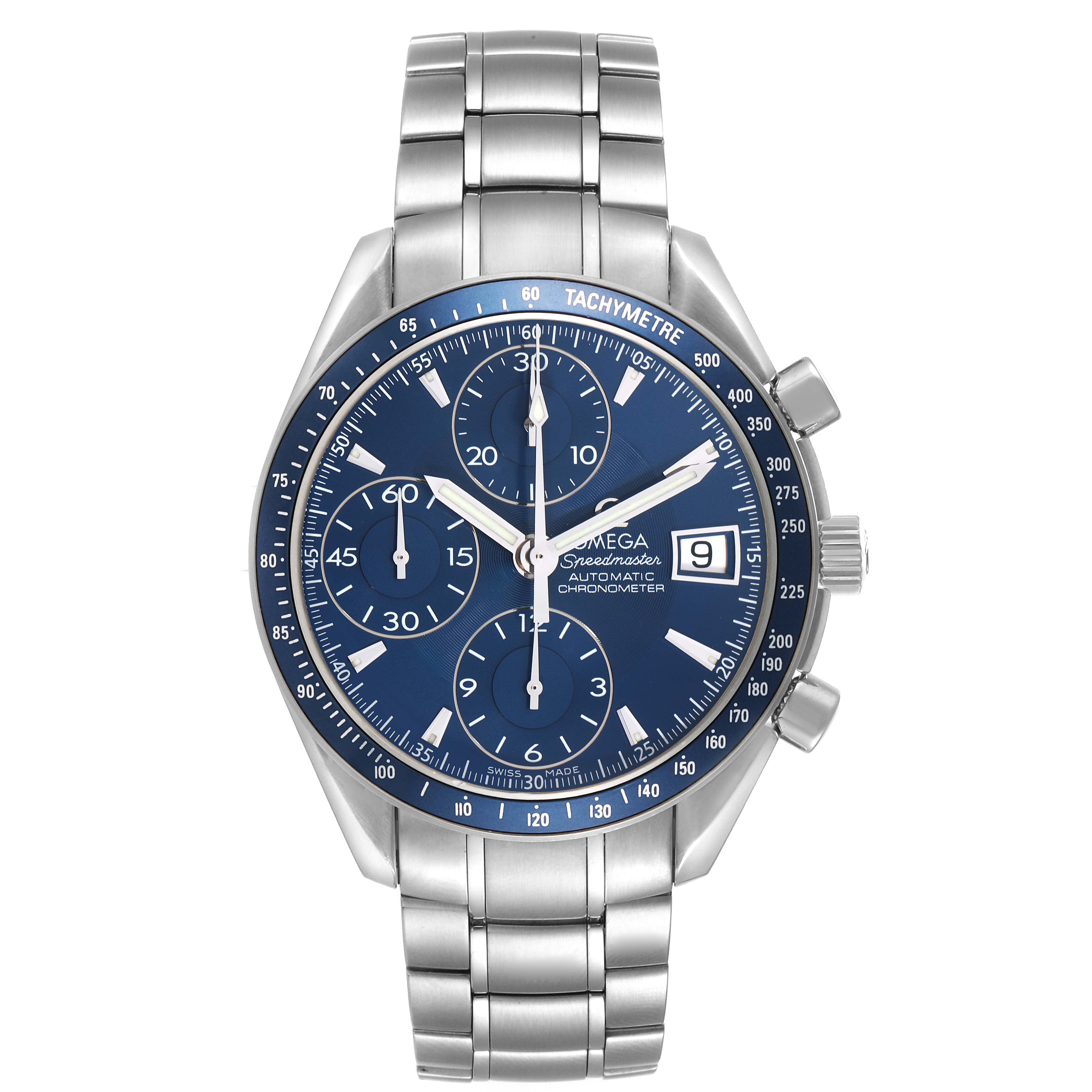 The Omega Speedmaster 3212.80.00 Men
s Stainless Steel Blue Dial 3212.80.00 Men
s Stainless Steel Blue Dial watch is shown from the front, highlighting the dial, bezel, and bracelet.