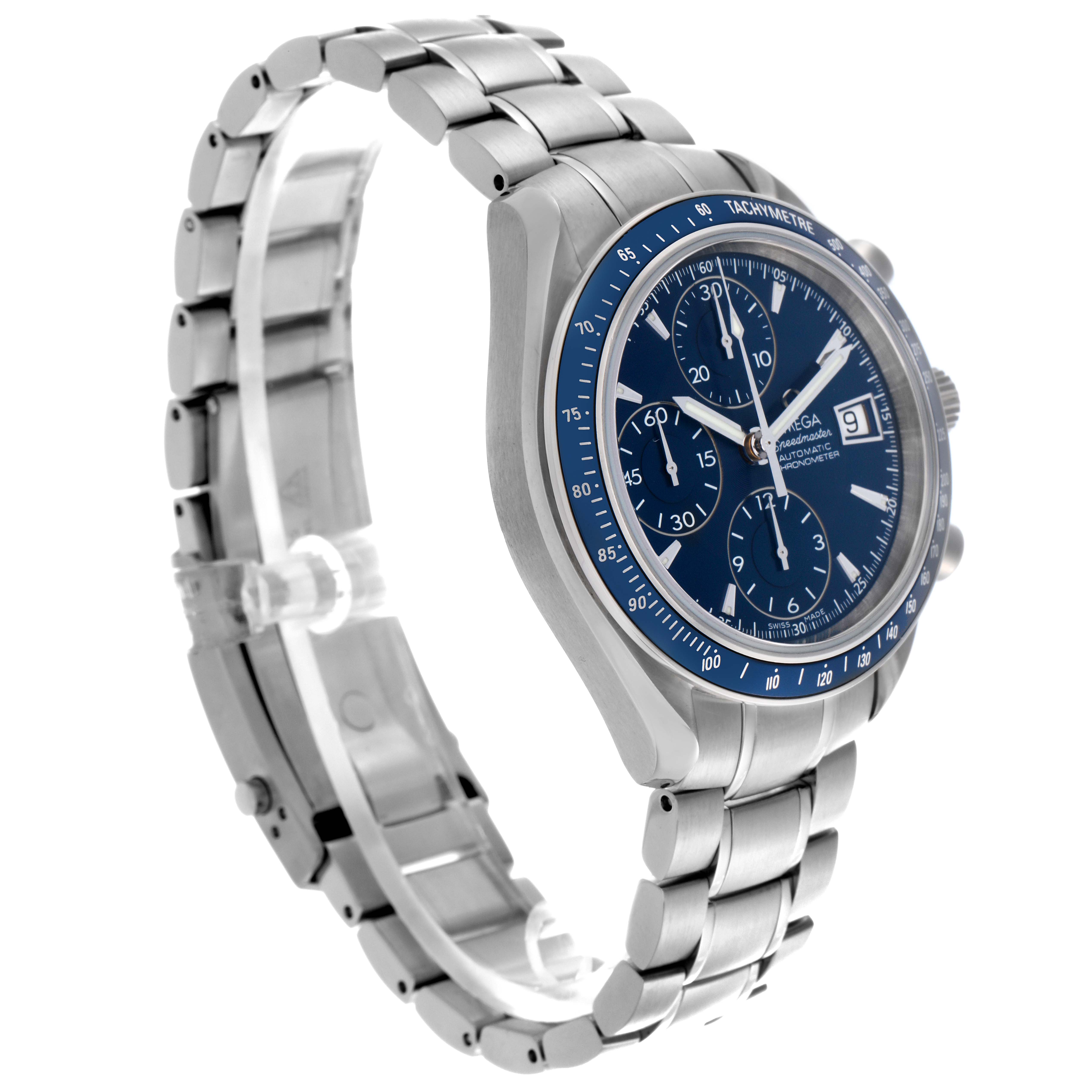 The Omega Speedmaster 3212.80.00 Men
s Stainless Steel Blue Dial 3212.80.00 Men
s Stainless Steel Blue Dial watch is angled to show the blue dial, bezel, case, and bracelet in a side profile.