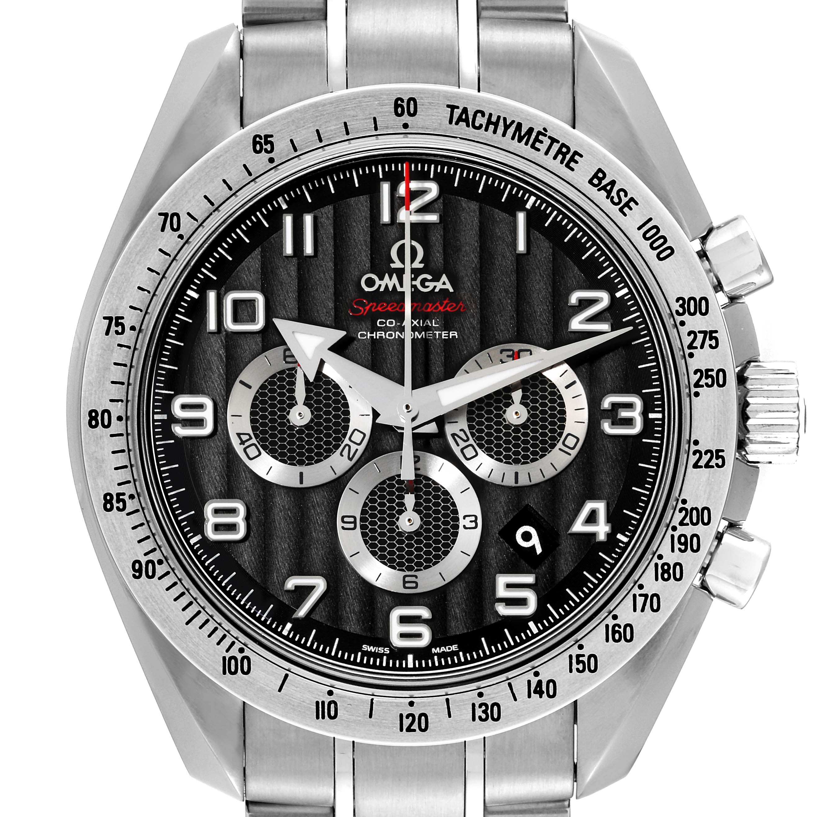 This image shows a close-up, front view of an Omega Speedmaster 321.10.44.50.01.001 Men
s Stainless Steel Black Dial 321.10.44.50.01.001 Men
s Stainless Steel Black Dial watch, highlighting its dial, subdials, bezel, and crown.