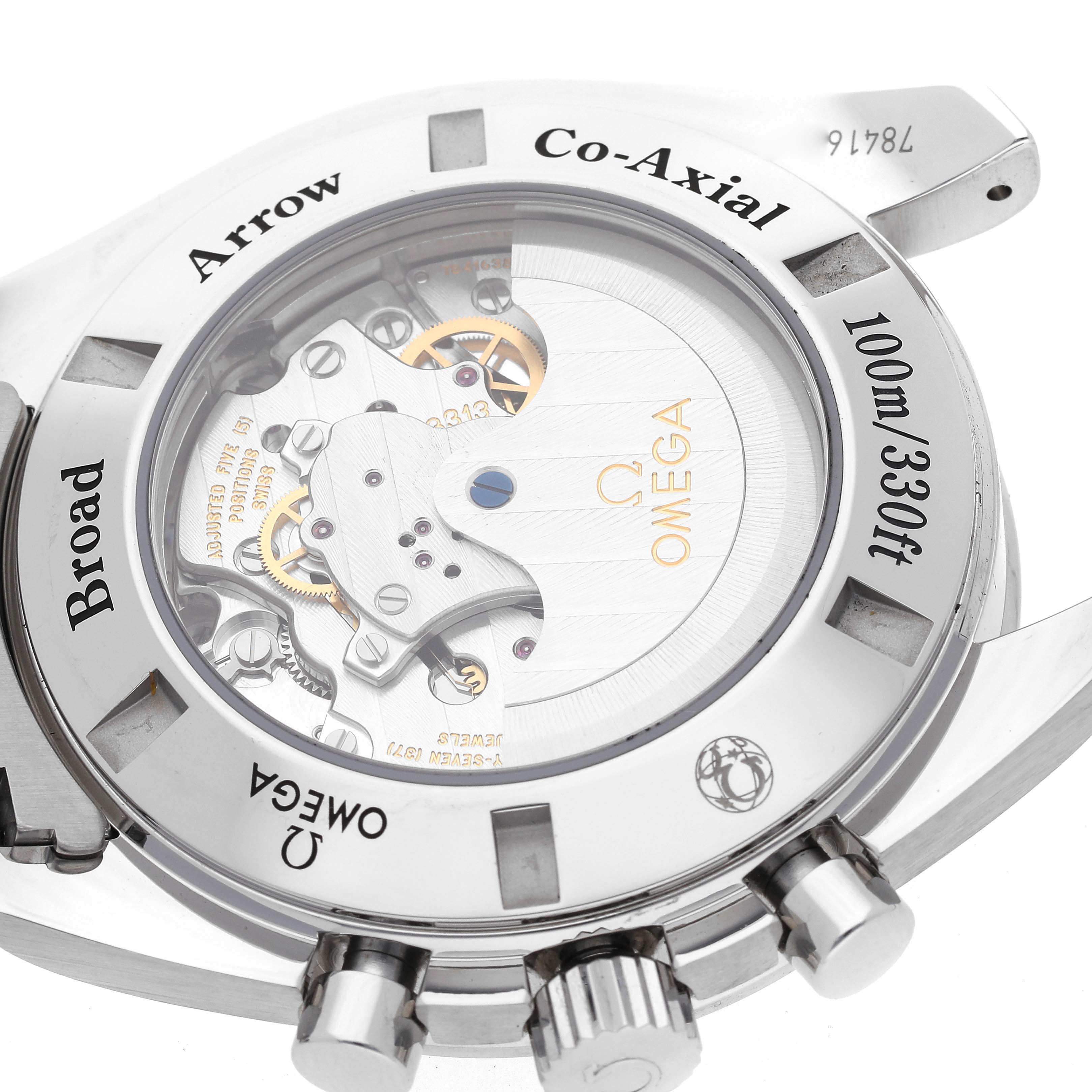 The image shows the back of an Omega Speedmaster 321.10.44.50.01.001 Men
s Stainless Steel Black Dial 321.10.44.50.01.001 Men
s Stainless Steel Black Dial watch, highlighting its transparent case back, movement, and engravings.