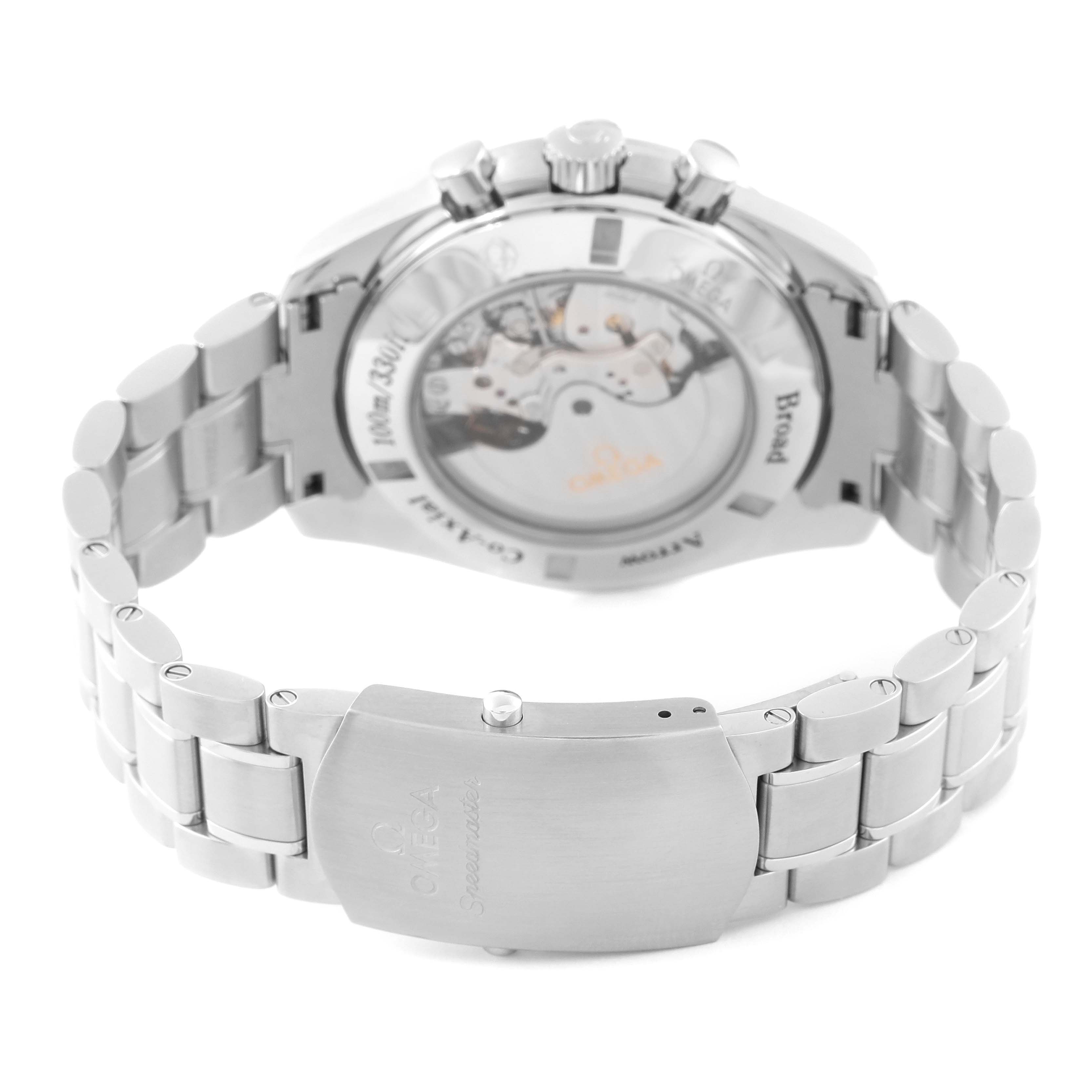 This image shows the back view of an Omega Speedmaster 321.10.44.50.01.001 Men
s Stainless Steel Black Dial 321.10.44.50.01.001 Men
s Stainless Steel Black Dial watch, displaying the bracelet and exhibition case back.