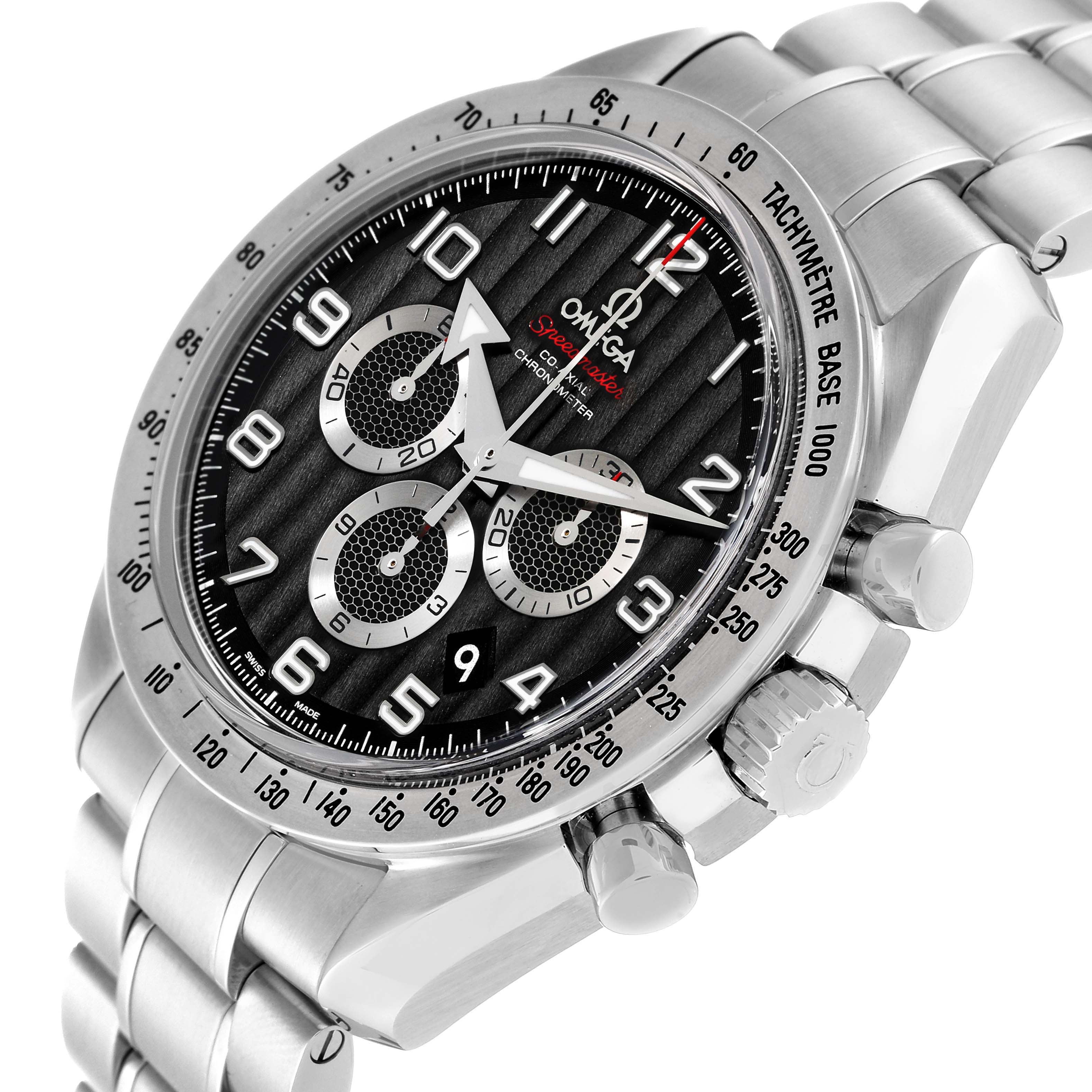 The image shows an Omega Speedmaster 321.10.44.50.01.001 Men
s Stainless Steel Black Dial 321.10.44.50.01.001 Men
s Stainless Steel Black Dial watch at an angle highlighting its face, tachymeter bezel, and side buttons.