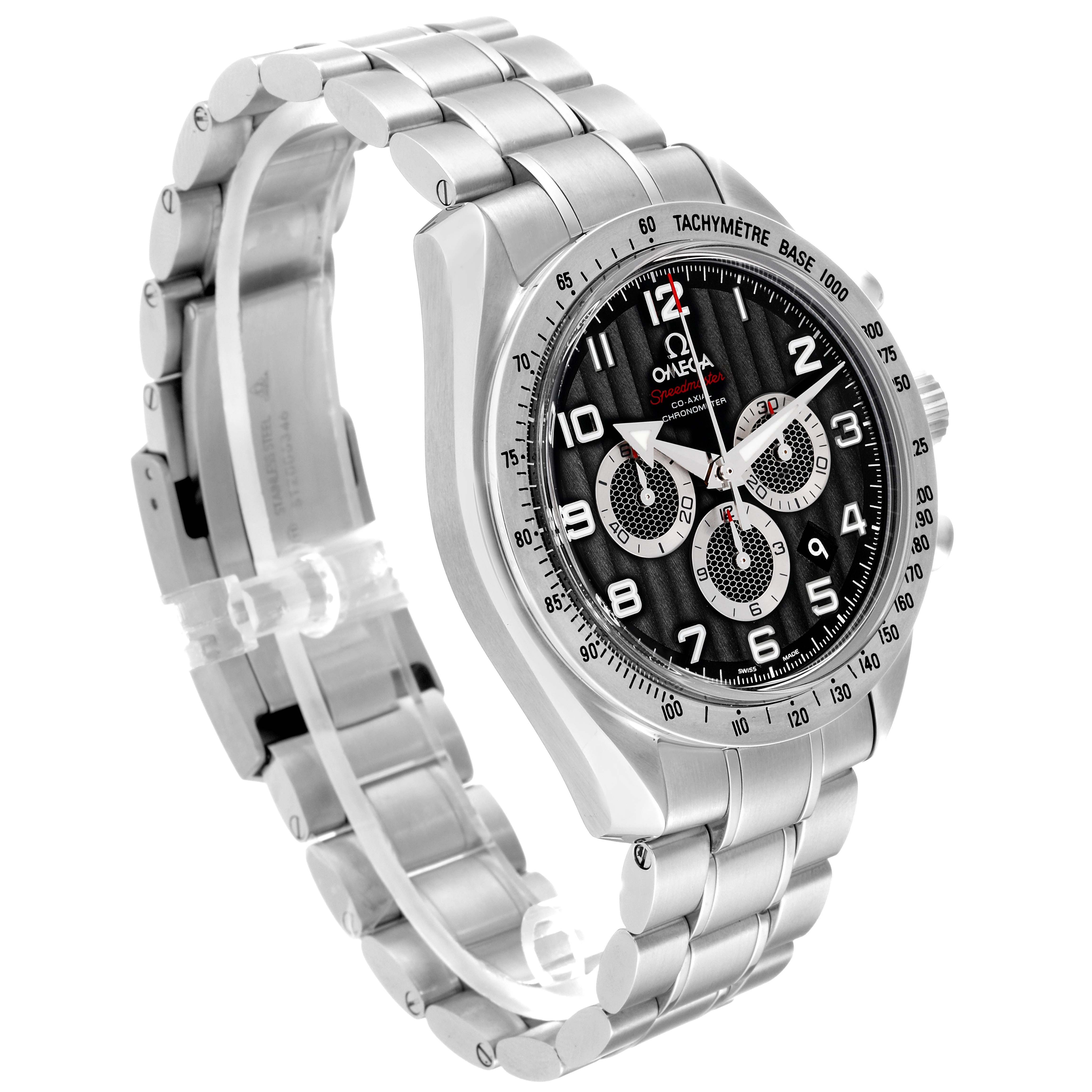 The image shows an angled side view of the Omega Speedmaster 321.10.44.50.01.001 Men
s Stainless Steel Black Dial 321.10.44.50.01.001 Men
s Stainless Steel Black Dial watch, highlighting its stainless steel bracelet, black dial, and chronograph features.