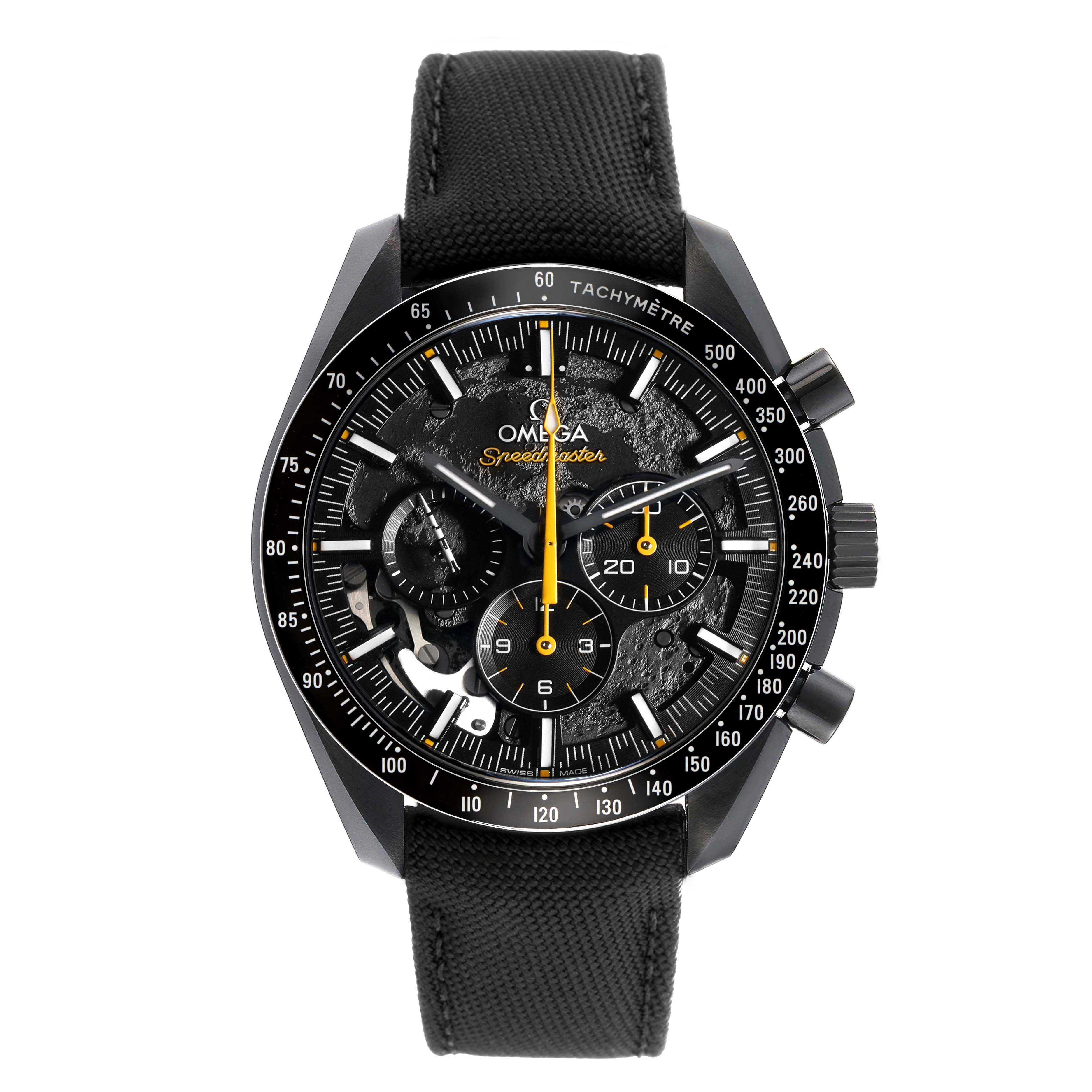 The Omega Speedmaster 310.92.44.50.01.001 Men's Ceramic Black Dial watch is shown from a front view, displaying its dial, tachymeter bezel, and black strap.