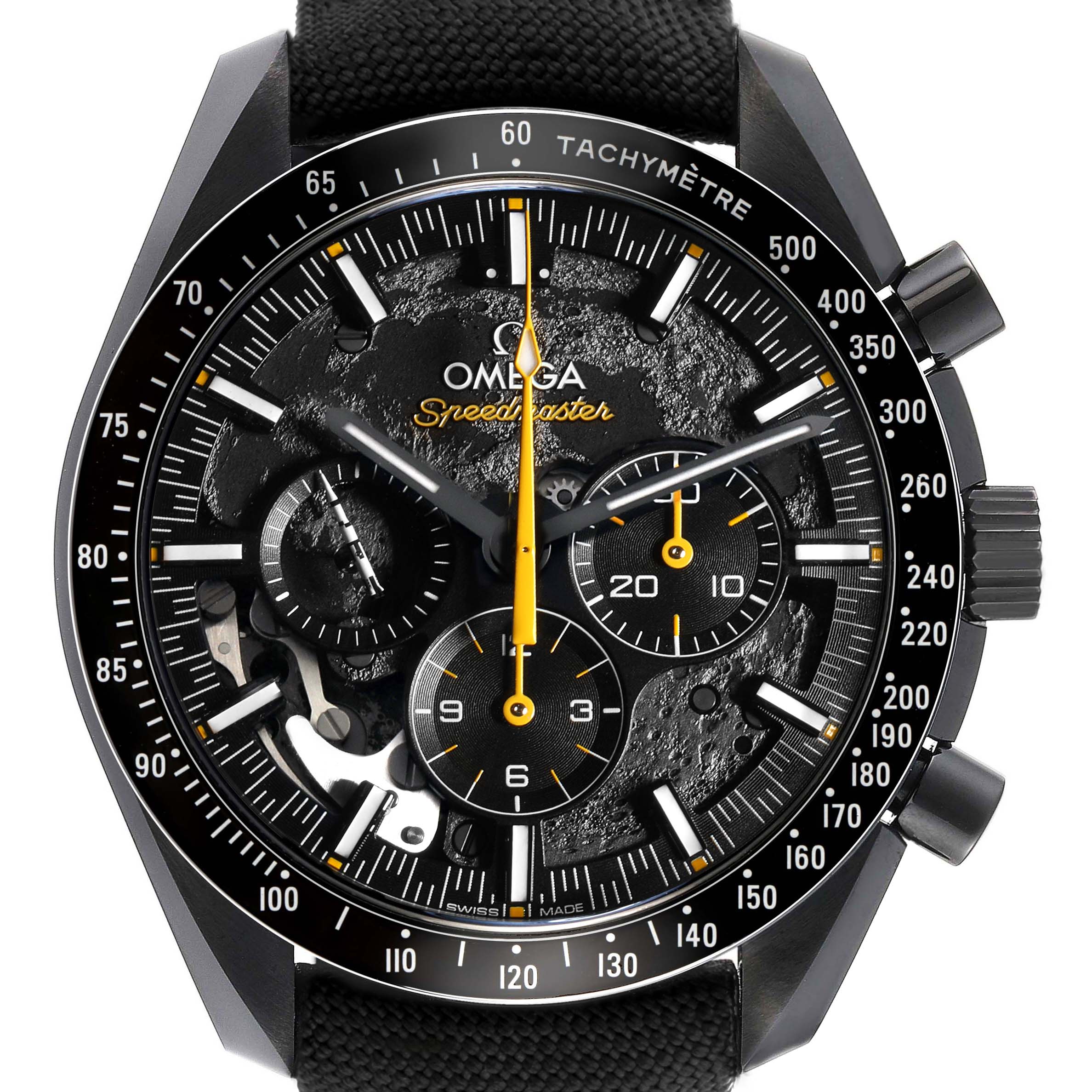 The Omega Speedmaster 310.92.44.50.01.001 Men's Ceramic Black Dial is shown from the front, highlighting the dial, tachymeter, subdials, and textured lunar surface design.