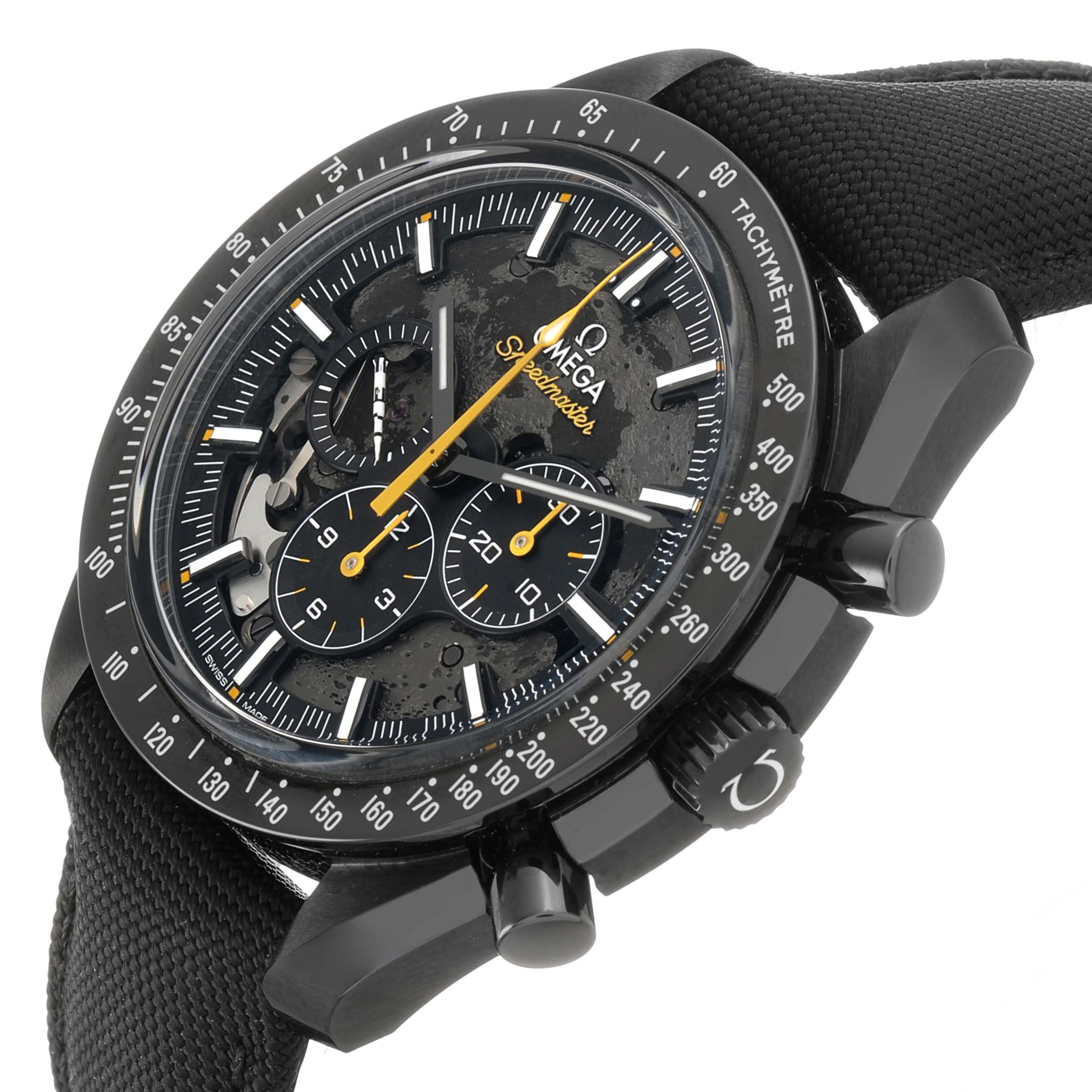 The Omega Speedmaster 310.92.44.50.01.001 Men's Ceramic Black Dial watch is shown at an angled view, featuring the face, tachymeter bezel, chronograph subdials, and crown.