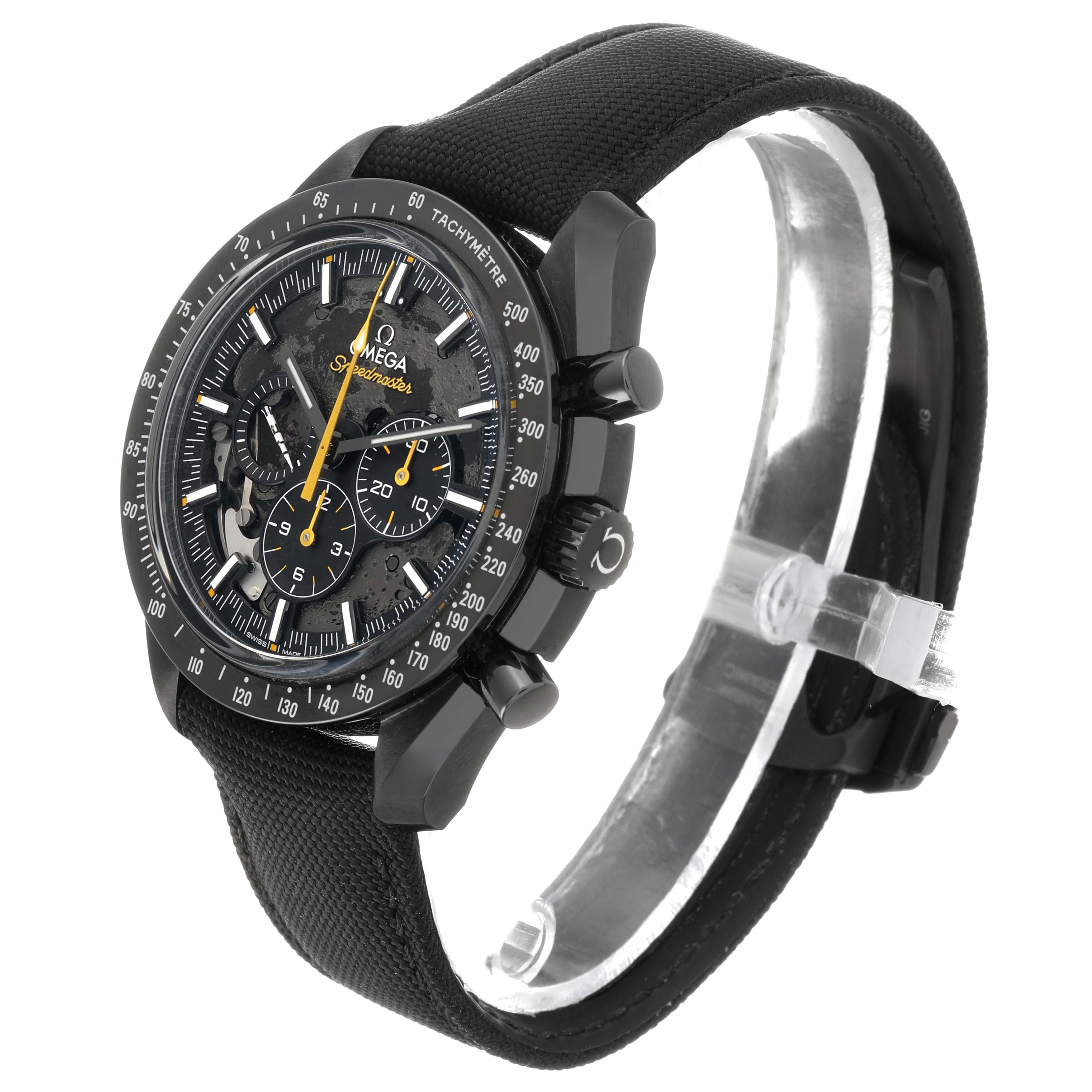 The Omega Speedmaster 310.92.44.50.01.001 Men's Ceramic Black Dial watch is shown at a three-quarter angle, displaying the dial, tachymeter bezel, case, and strap.
