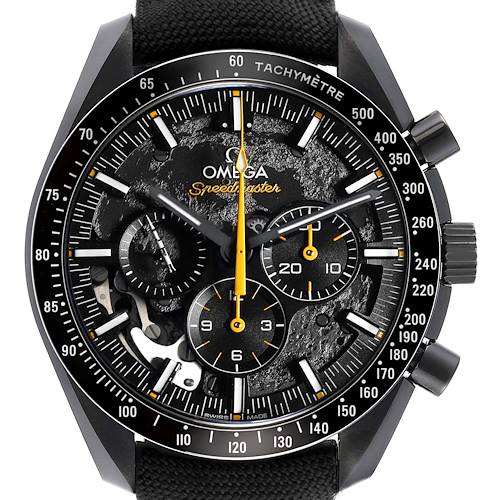 The Omega Speedmaster 310.92.44.50.01.001 Men's Ceramic Black Dial watch is shown from a front angle, highlighting the dial, bezel, subdials, and strap.