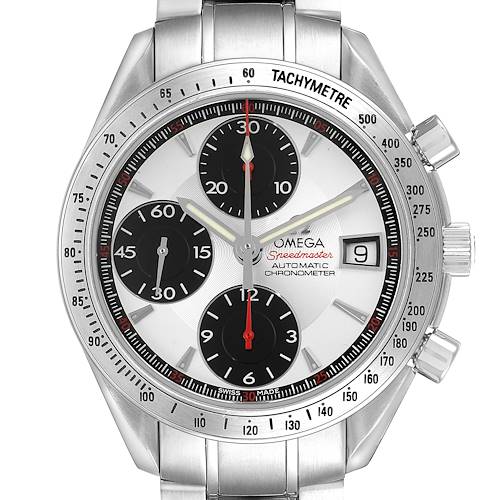 This Omega Speedmaster 3211.31.00 Men's Stainless Steel Silver Dial watch is shown from the front, highlighting its dial, subdials, tachymetric bezel, and date window.
