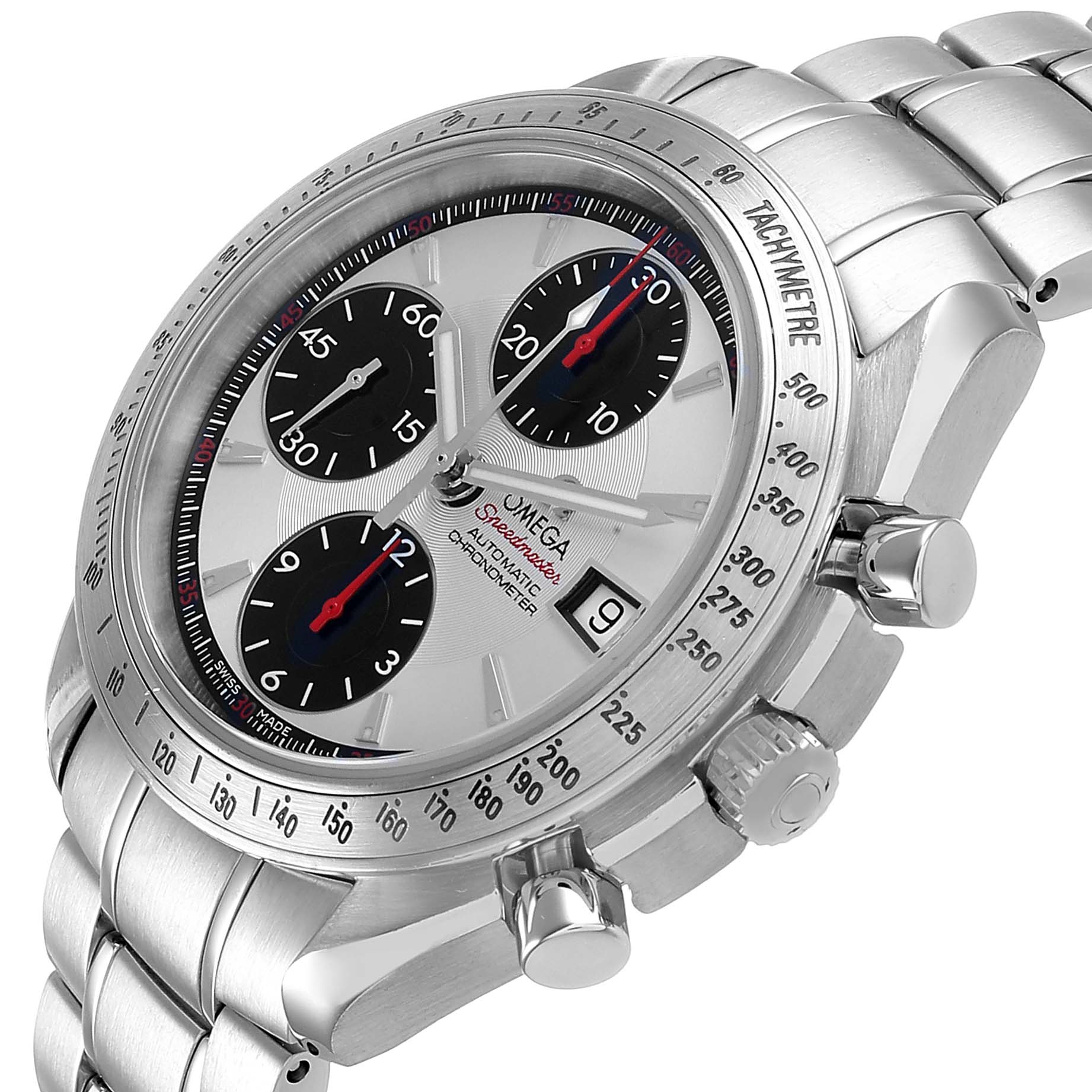 The Omega Speedmaster 3211.31.00 Men's Stainless Steel Silver Dial watch is shown at an angled close-up, highlighting the dial, tachymeter bezel, and bracelet.