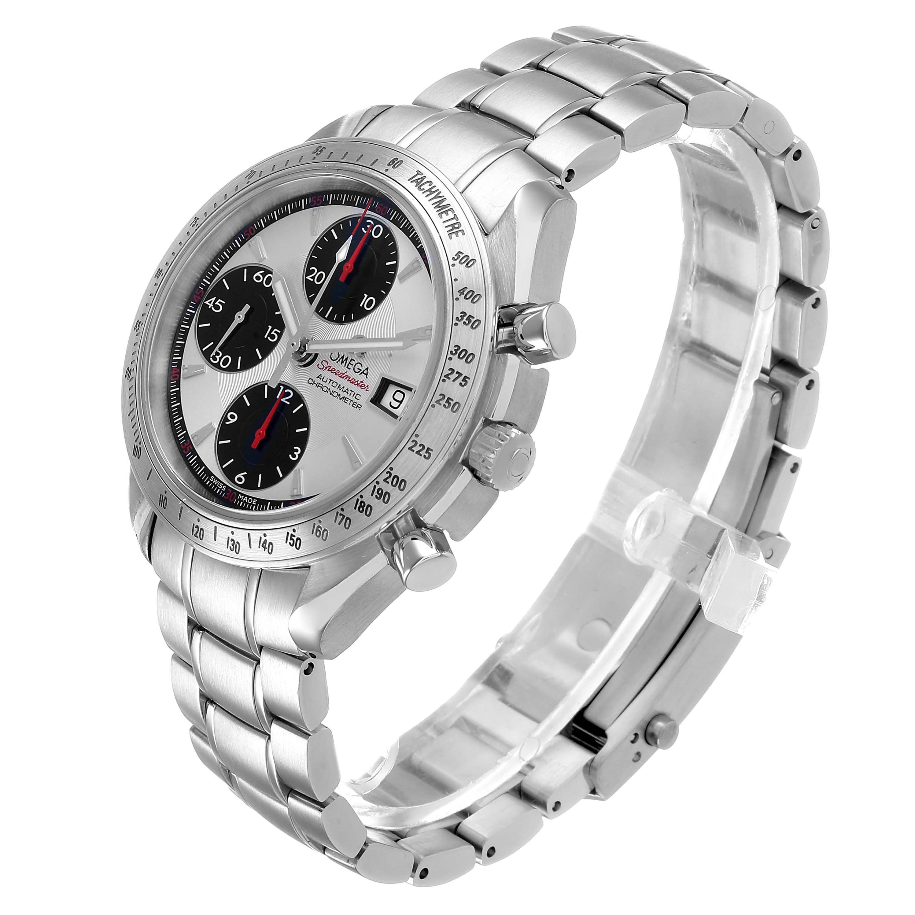 The Omega Speedmaster 3211.31.00 Men's Stainless Steel Silver Dial watch is shown at a three-quarter angle highlighting the face, bezel, pushers, and bracelet.