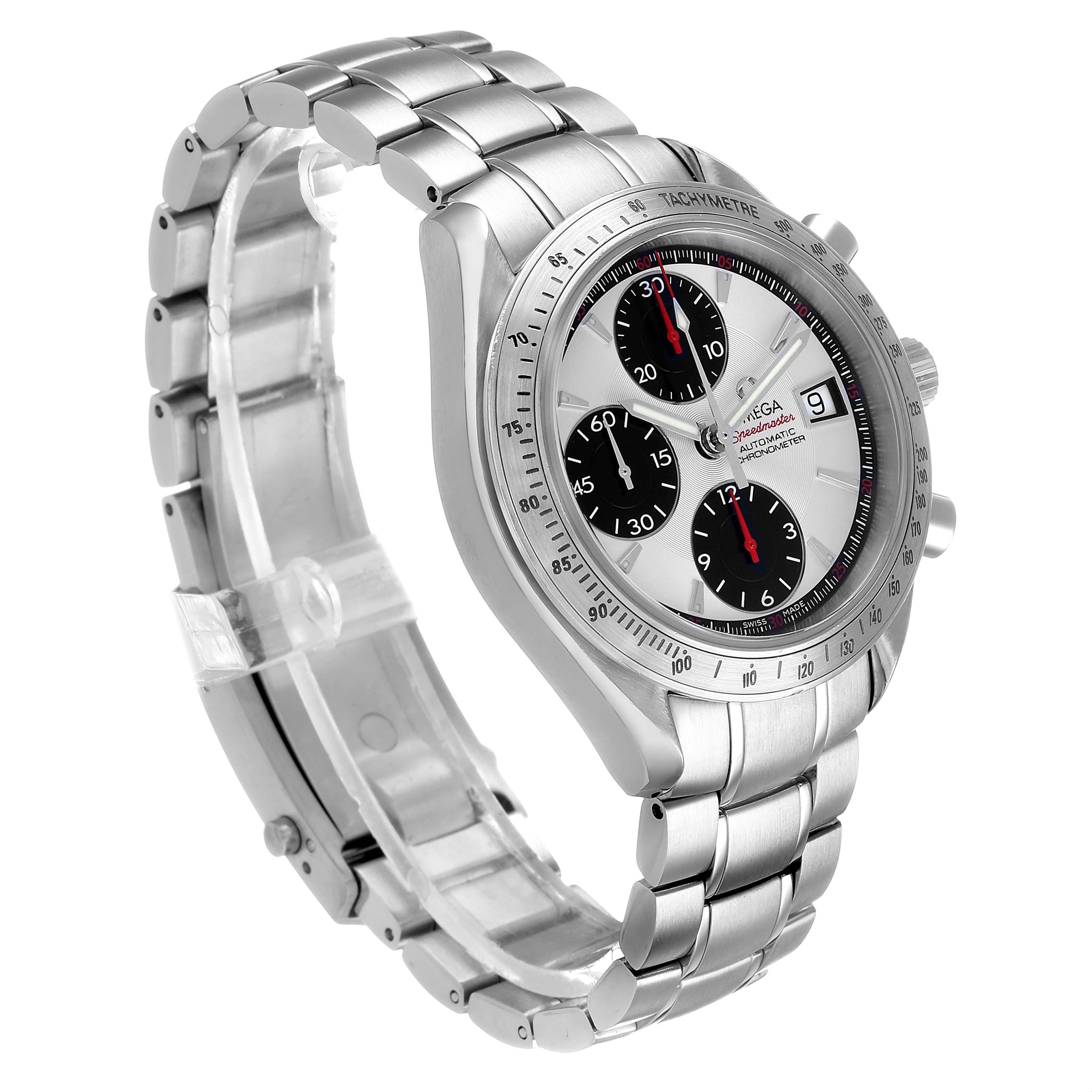 The Omega Speedmaster 3211.31.00 Men's Stainless Steel Silver Dial watch is shown at a three-quarter angle, highlighting the dial, bezel, and stainless steel bracelet.