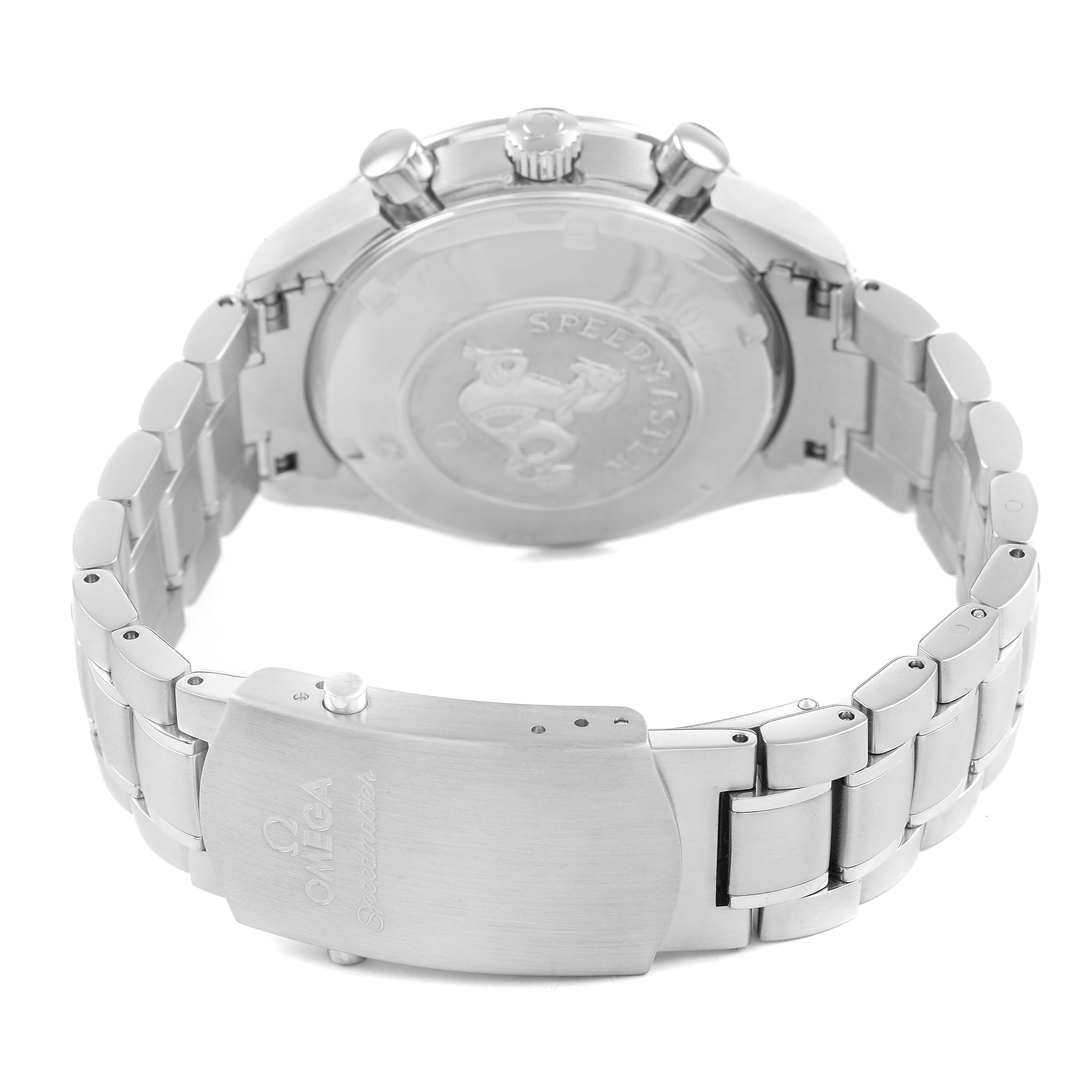 The image shows the Omega Speedmaster 3211.31.00 Men's Stainless Steel Silver Dial's stainless steel bracelet and case back from a rear angle.