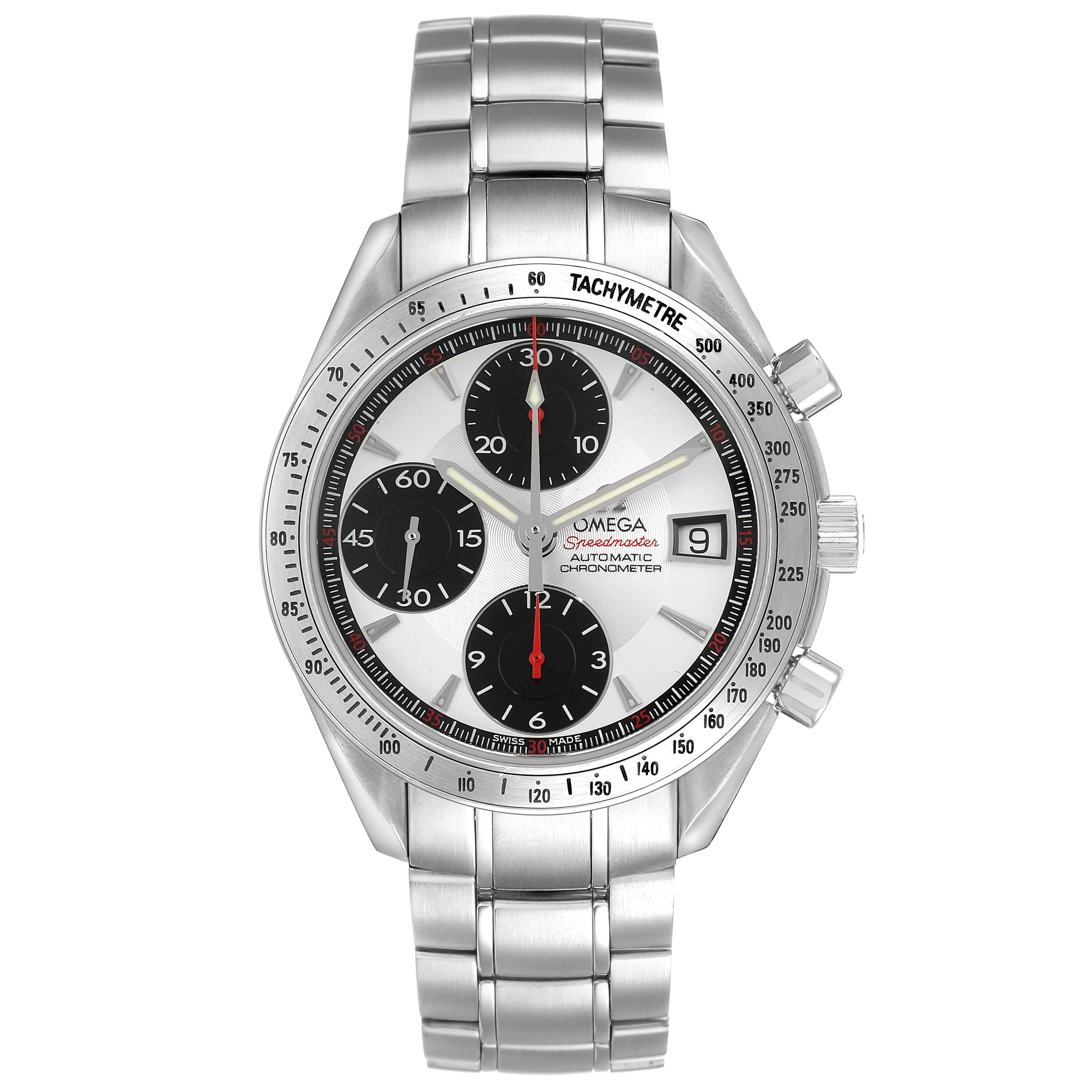 The Omega Speedmaster 3211.31.00 Men's Stainless Steel Silver Dial watch is shown from a frontal angle, displaying the face, chronograph subdials, and metal bracelet.