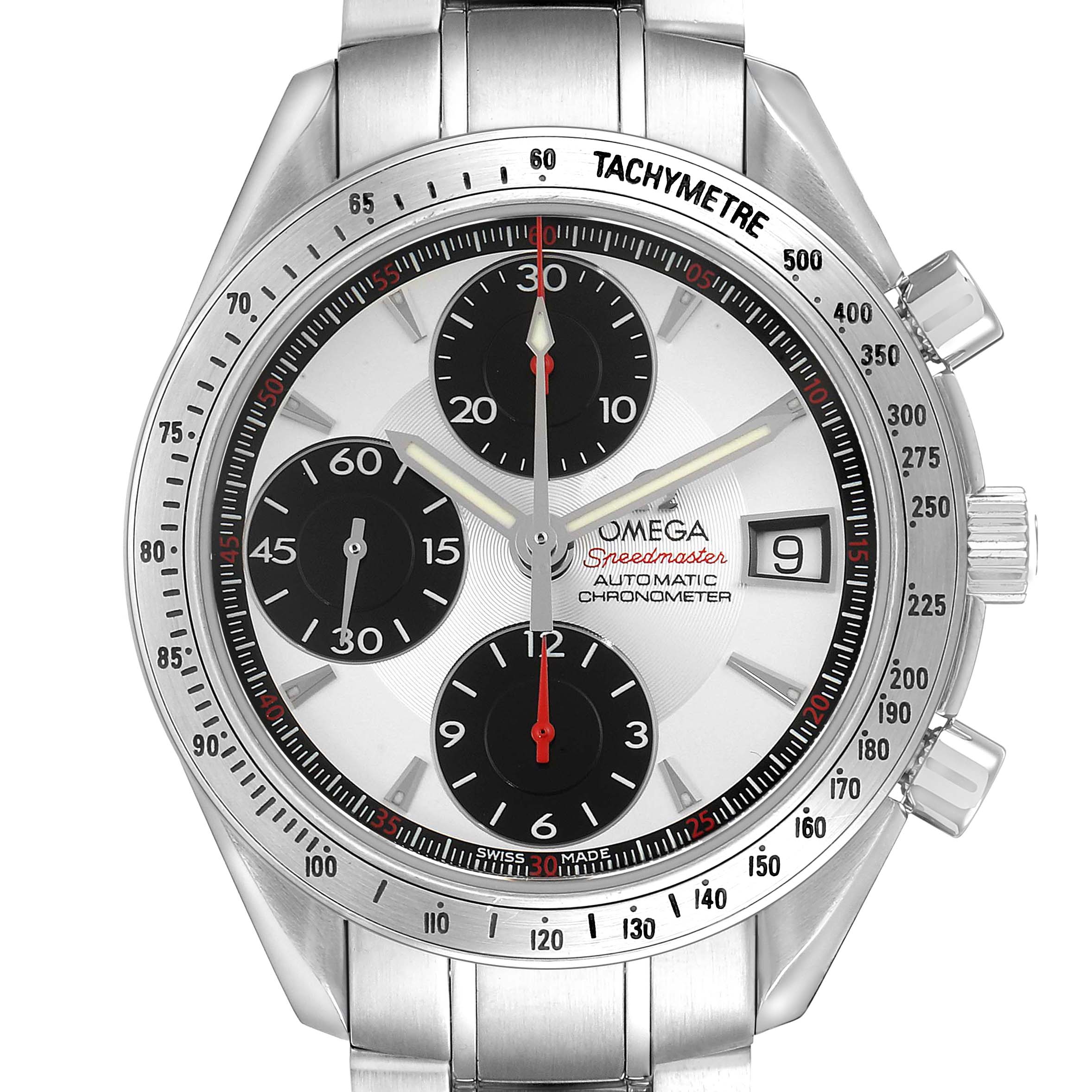 The Omega Speedmaster 3211.31.00 Men's Stainless Steel Silver Dial watch is shown from the front, highlighting its face, tachymeter, sub-dials, and stainless steel bracelet.