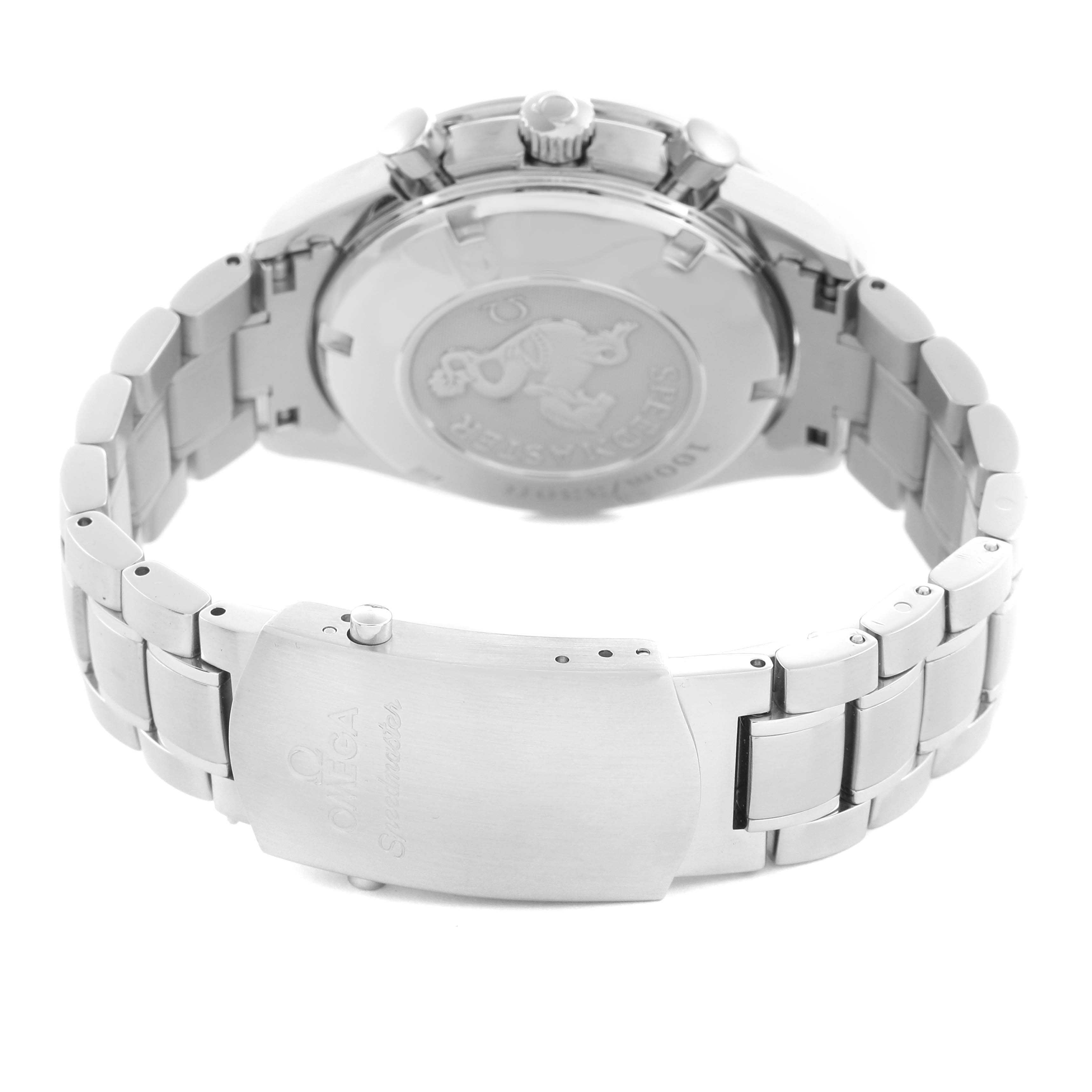 The image shows the Omega Speedmaster 323.10.40.40.02.001 Men
s Stainless Steel Silver Dial 323.10.40.40.02.001 Men
s Stainless Steel Silver Dial
s bracelet, clasp, and case back from a rear angle.