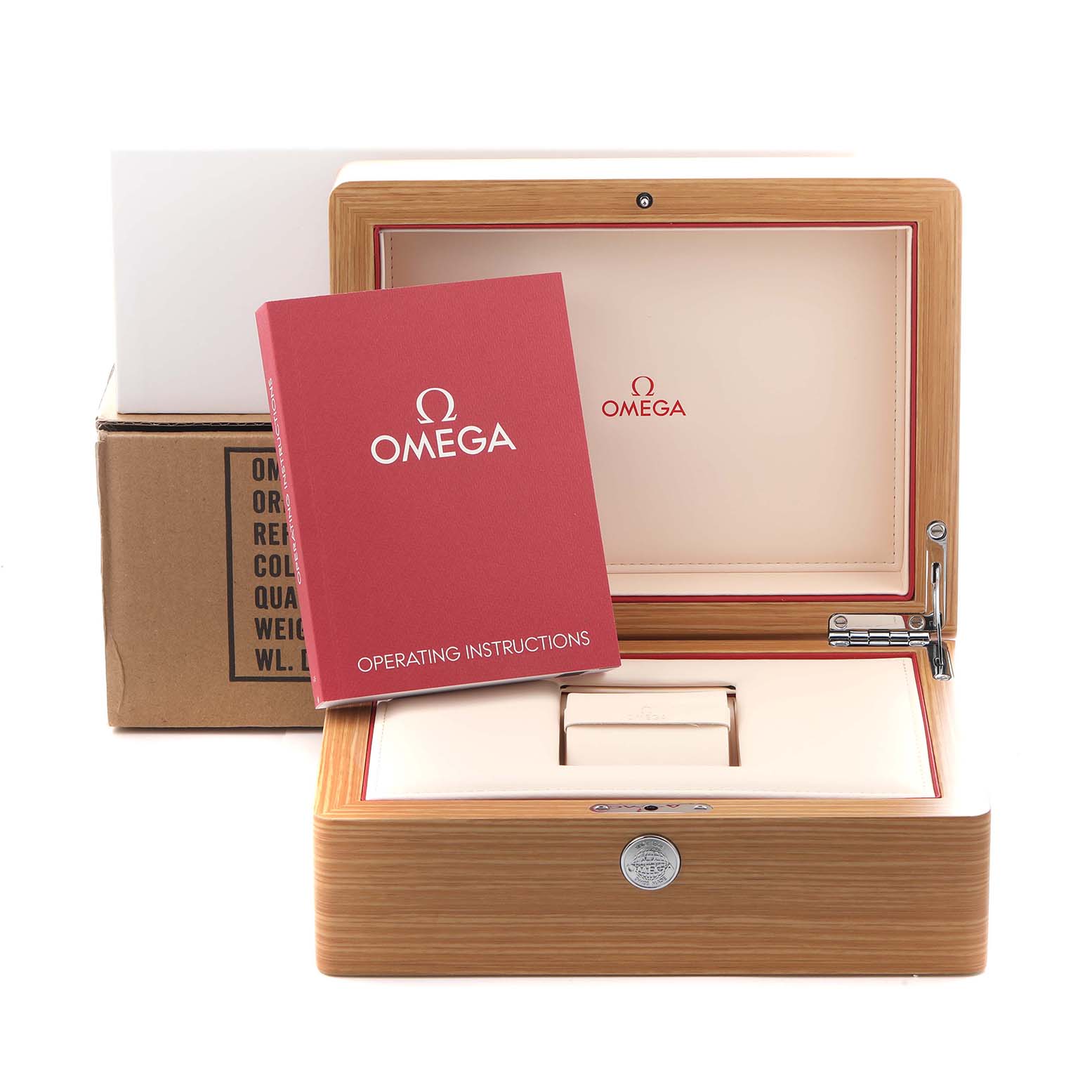 The image shows a wooden Omega Speedmaster 323.10.40.40.02.001 Men
s Stainless Steel Silver Dial 323.10.40.40.02.001 Men
s Stainless Steel Silver Dial watch box opened, with an operating instructions booklet displayed in front.