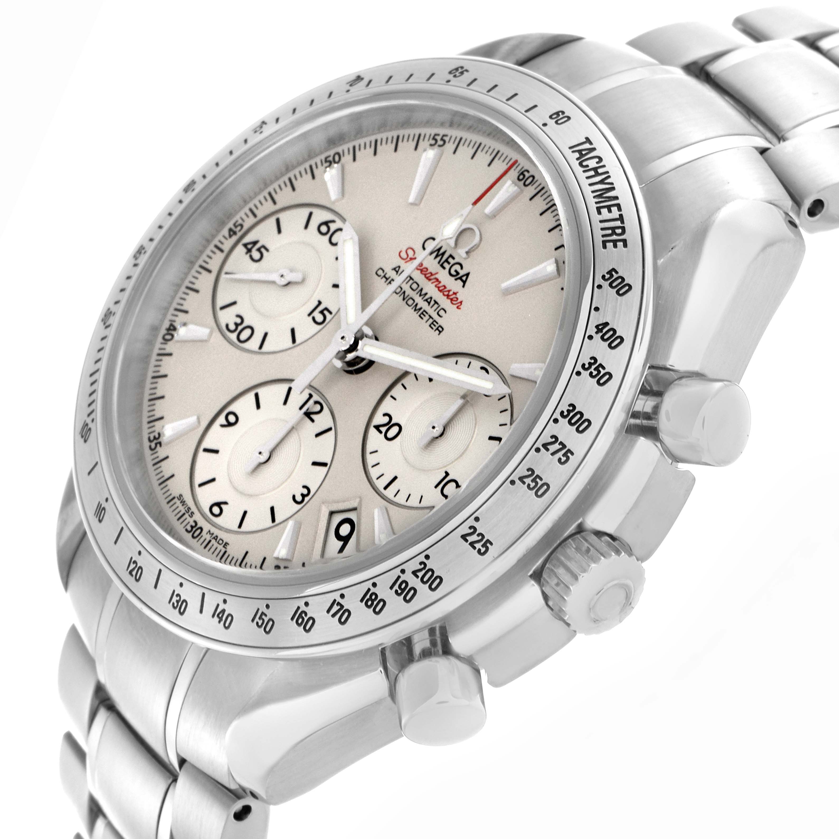 The Omega Speedmaster 323.10.40.40.02.001 Men
s Stainless Steel Silver Dial 323.10.40.40.02.001 Men
s Stainless Steel Silver Dial watch is shown at a three-quarter angle, highlighting the dial, tachymeter bezel, crown, and chronograph pushers.