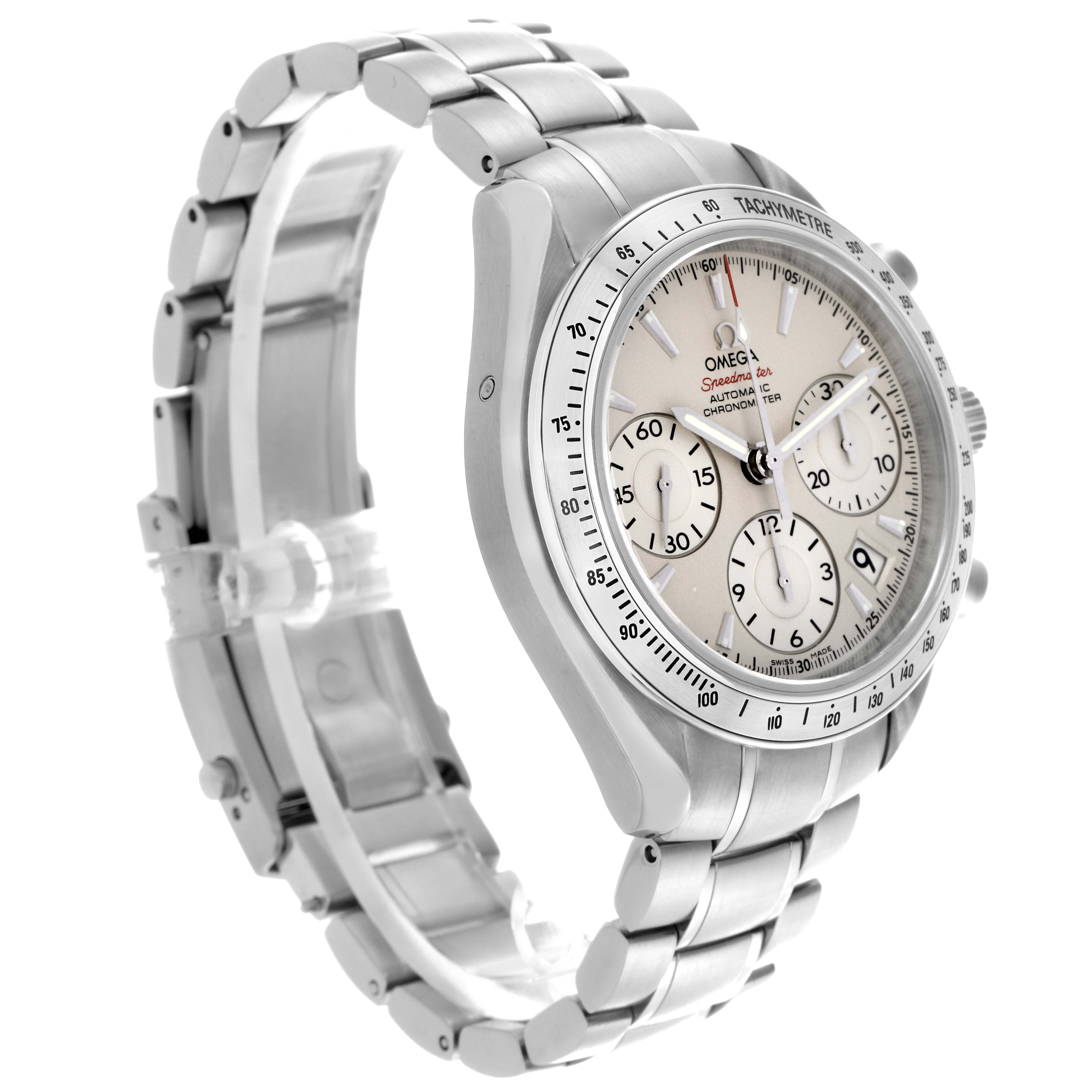 The Omega Speedmaster 323.10.40.40.02.001 Men
s Stainless Steel Silver Dial 323.10.40.40.02.001 Men
s Stainless Steel Silver Dial watch is shown at a three-quarter angle, highlighting the dial, tachymeter bezel, and stainless steel bracelet.