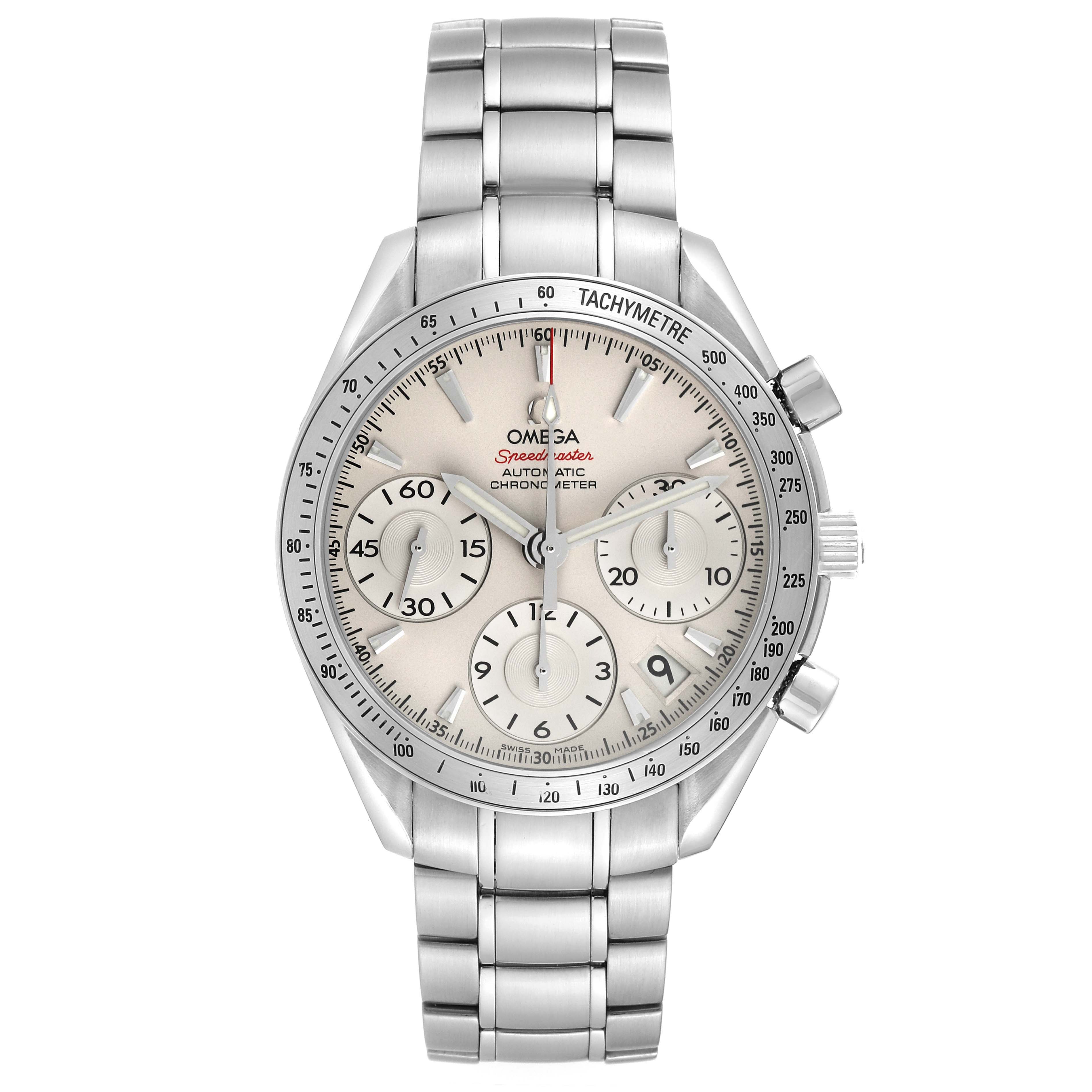 The Omega Speedmaster 323.10.40.40.02.001 Men
s Stainless Steel Silver Dial 323.10.40.40.02.001 Men
s Stainless Steel Silver Dial watch is shown from a frontal angle, displaying the dial, bezel, and bracelet.