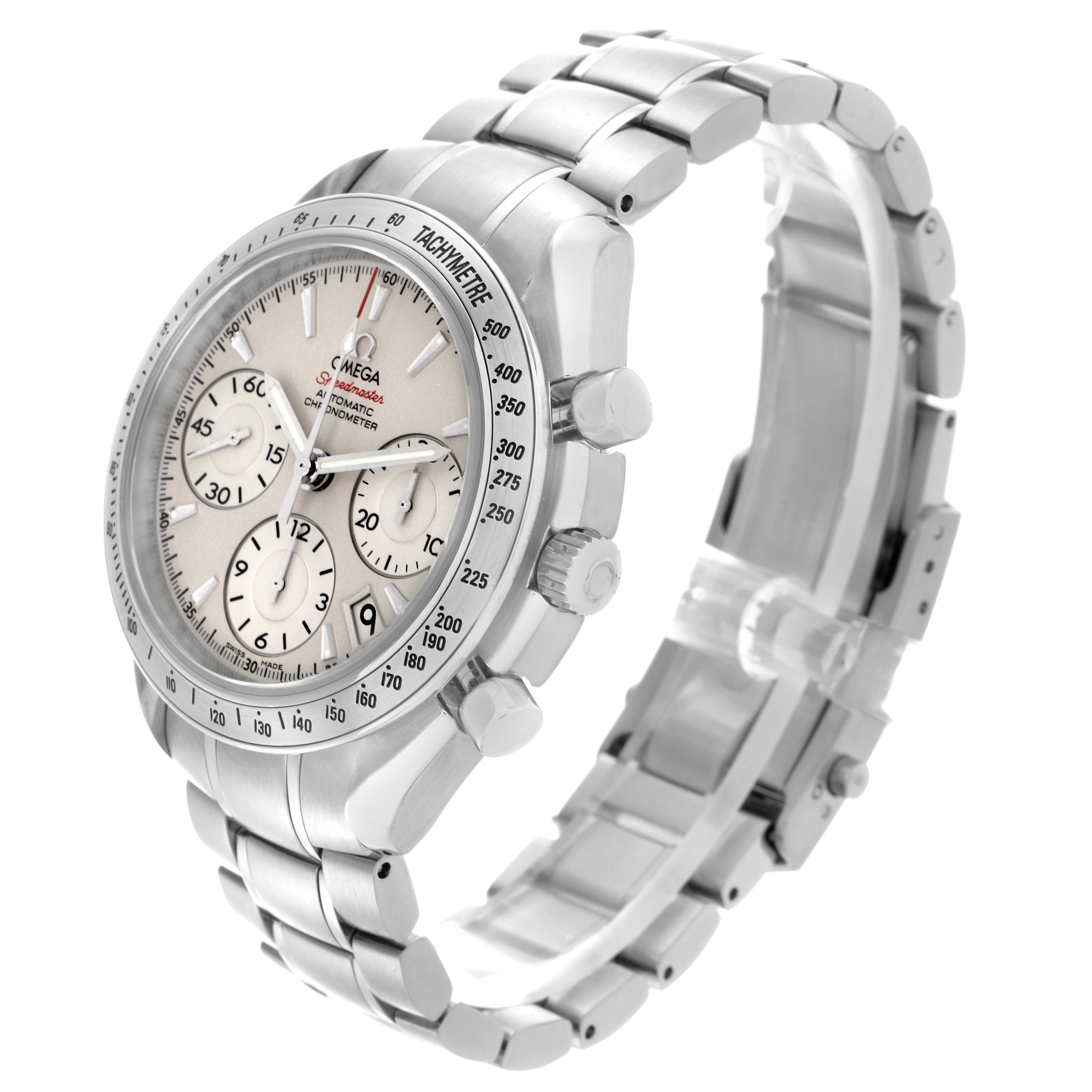 The Omega Speedmaster 323.10.40.40.02.001 Men
s Stainless Steel Silver Dial 323.10.40.40.02.001 Men
s Stainless Steel Silver Dial watch is shown at an angle displaying its face, side pushers, crown, and stainless steel bracelet.