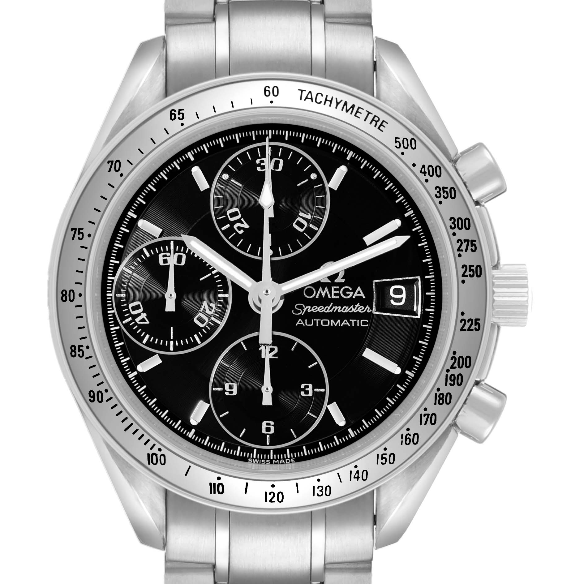 The image shows a front view of the Omega Speedmaster 3513.50.00 Men's Stainless Steel Black Dial, highlighting the dial, tachymeter bezel, sub-dials, and bracelet.
