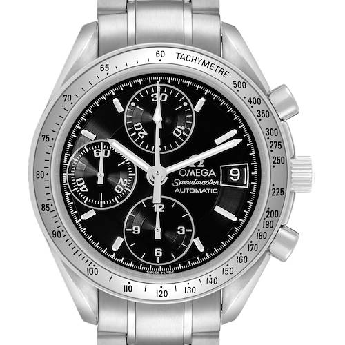 The Omega Speedmaster 3513.50.00 Men's Stainless Steel Black Dial watch is shown from a front angle, highlighting the dial, subdials, bezel, and pushers.