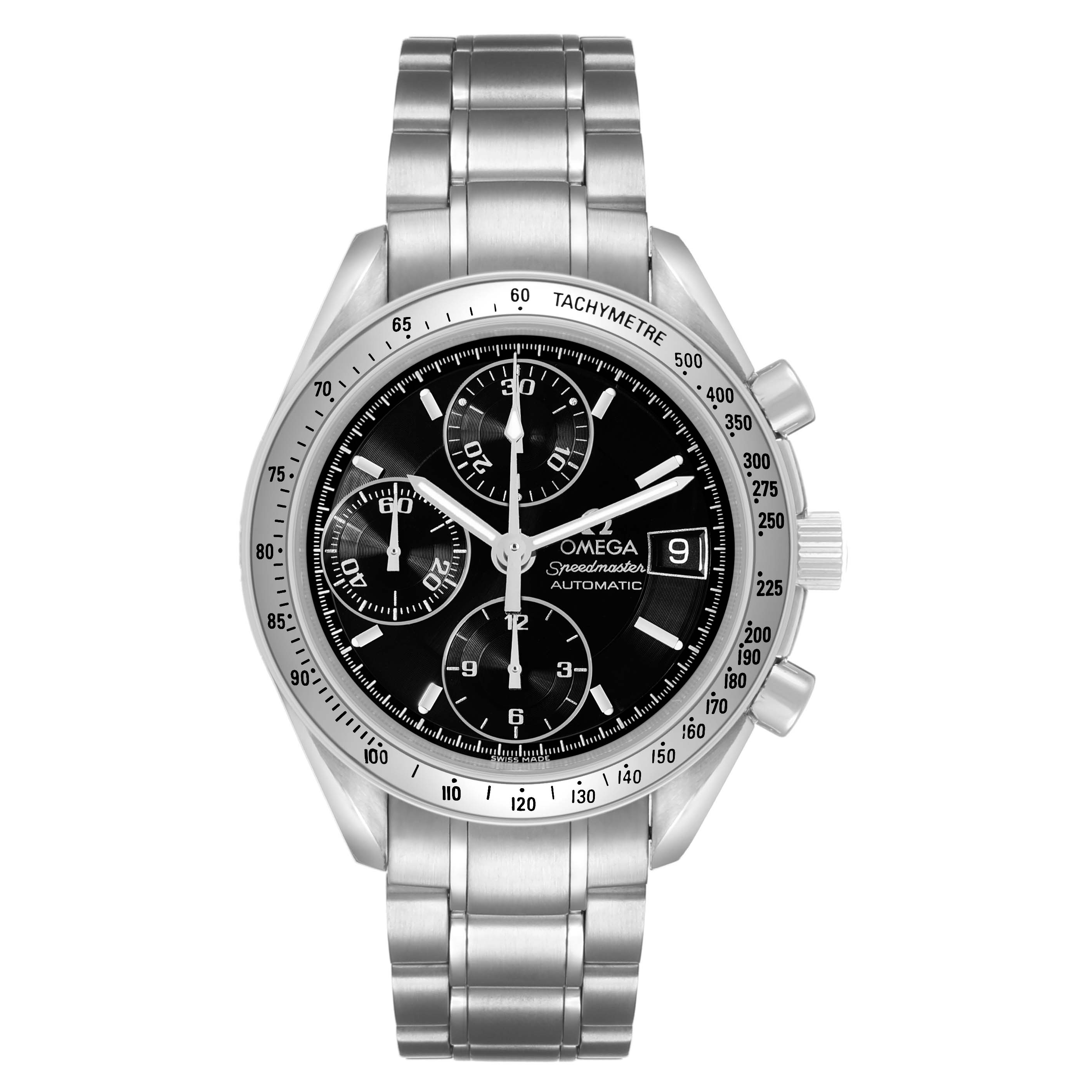 The Omega Speedmaster 3513.50.00 Men's Stainless Steel Black Dial is shown from the front, displaying its dial, tachymeter bezel, and metal bracelet.