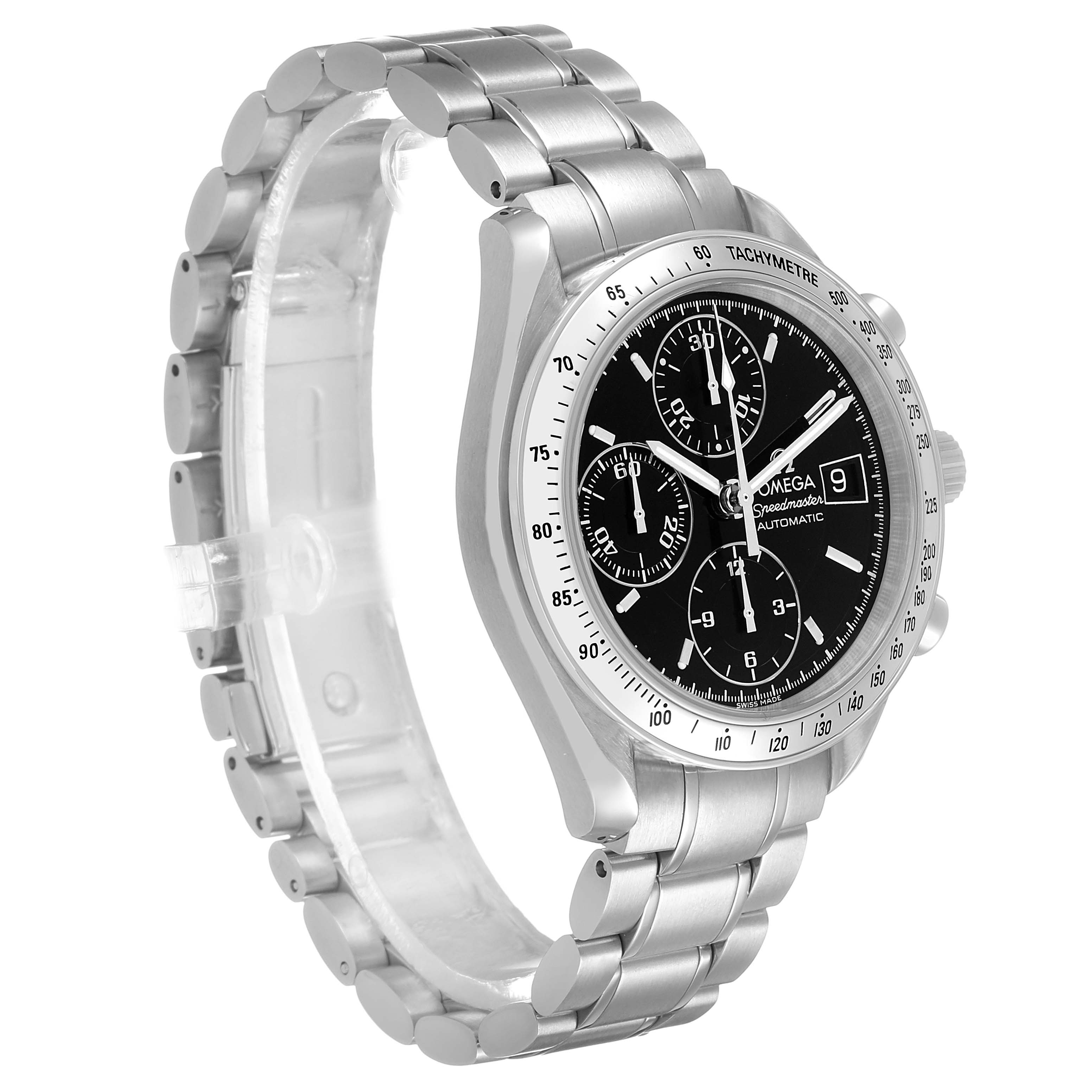 The Omega Speedmaster 3513.50.00 Men's Stainless Steel Black Dial watch is shown at a three-quarter angle, highlighting its face, bezel, and bracelet.