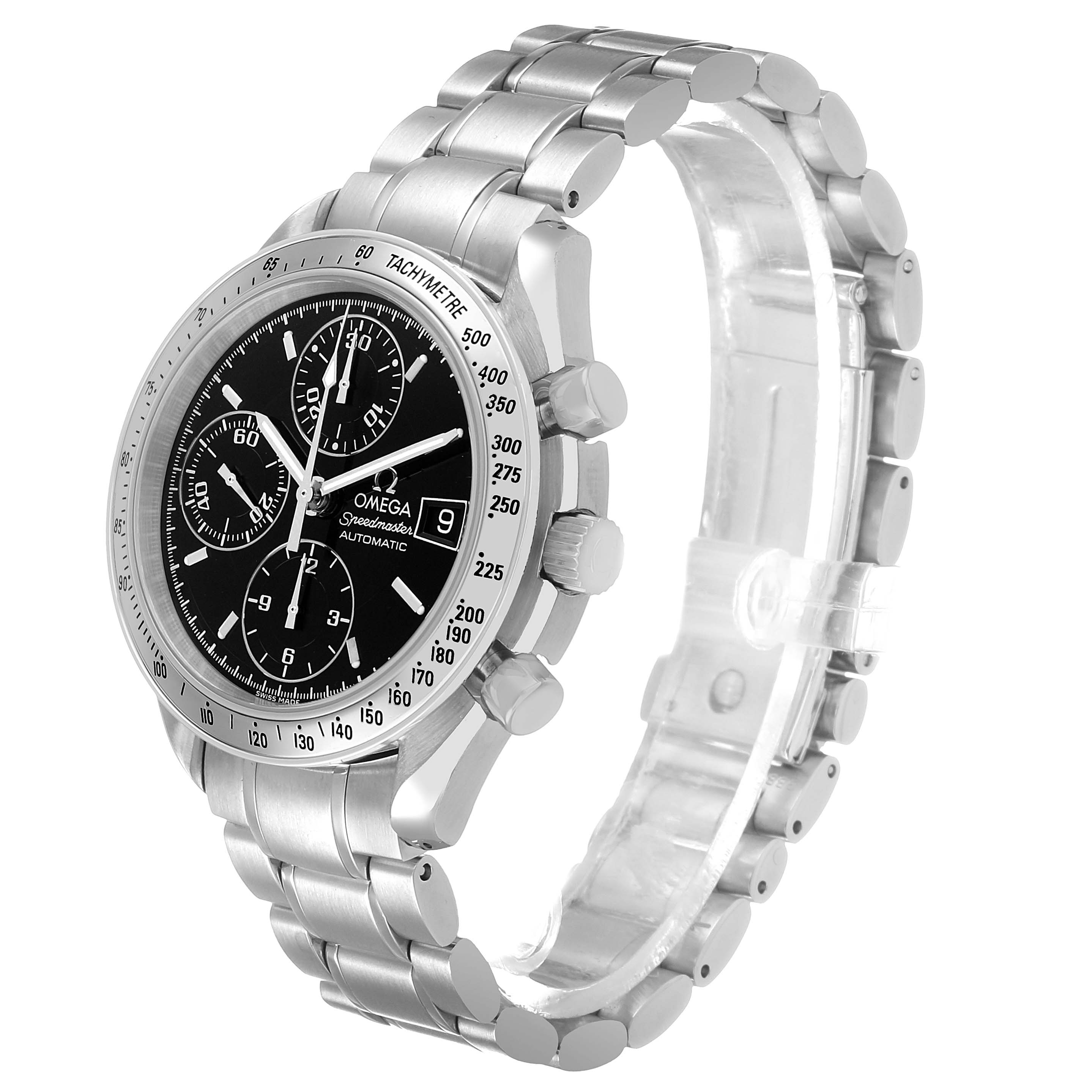 The Omega Speedmaster 3513.50.00 Men's Stainless Steel Black Dial watch is shown at a three-quarter angle, highlighting the dial, bezel, pushers, and metal bracelet.