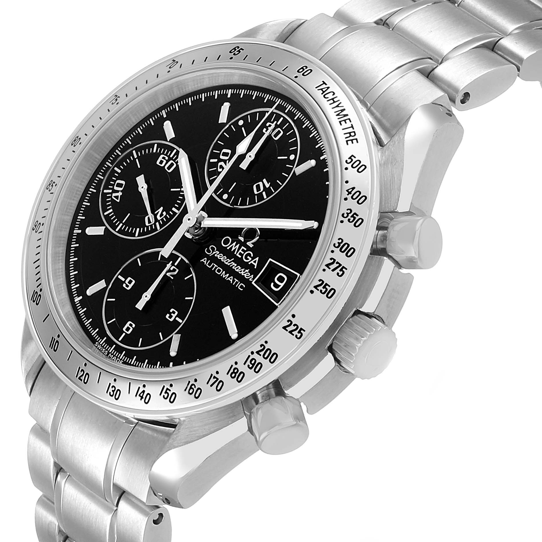 The image shows an Omega Speedmaster 3513.50.00 Men's Stainless Steel Black Dial watch at a three-quarter angle, highlighting the dial, tachymeter bezel, and pushers.