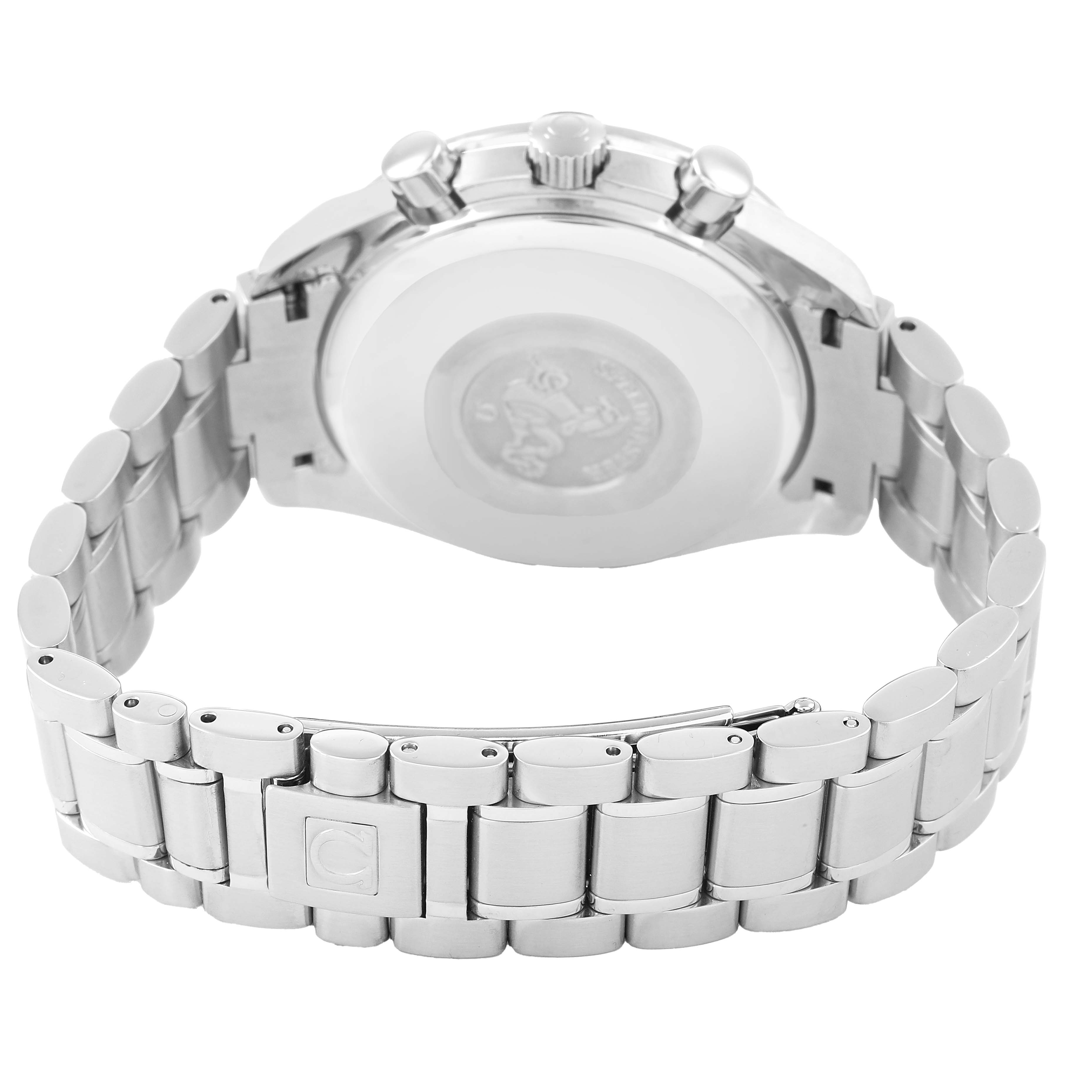 The image shows the back and bracelet of an Omega Speedmaster 3513.50.00 Men's Stainless Steel Black Dial watch, highlighting the clasp and links.