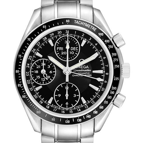 The Omega Speedmaster 3220.50.00 Men's Stainless Steel Black Dial watch is shown from the front, displaying its bezel, subdials, and bracelet.