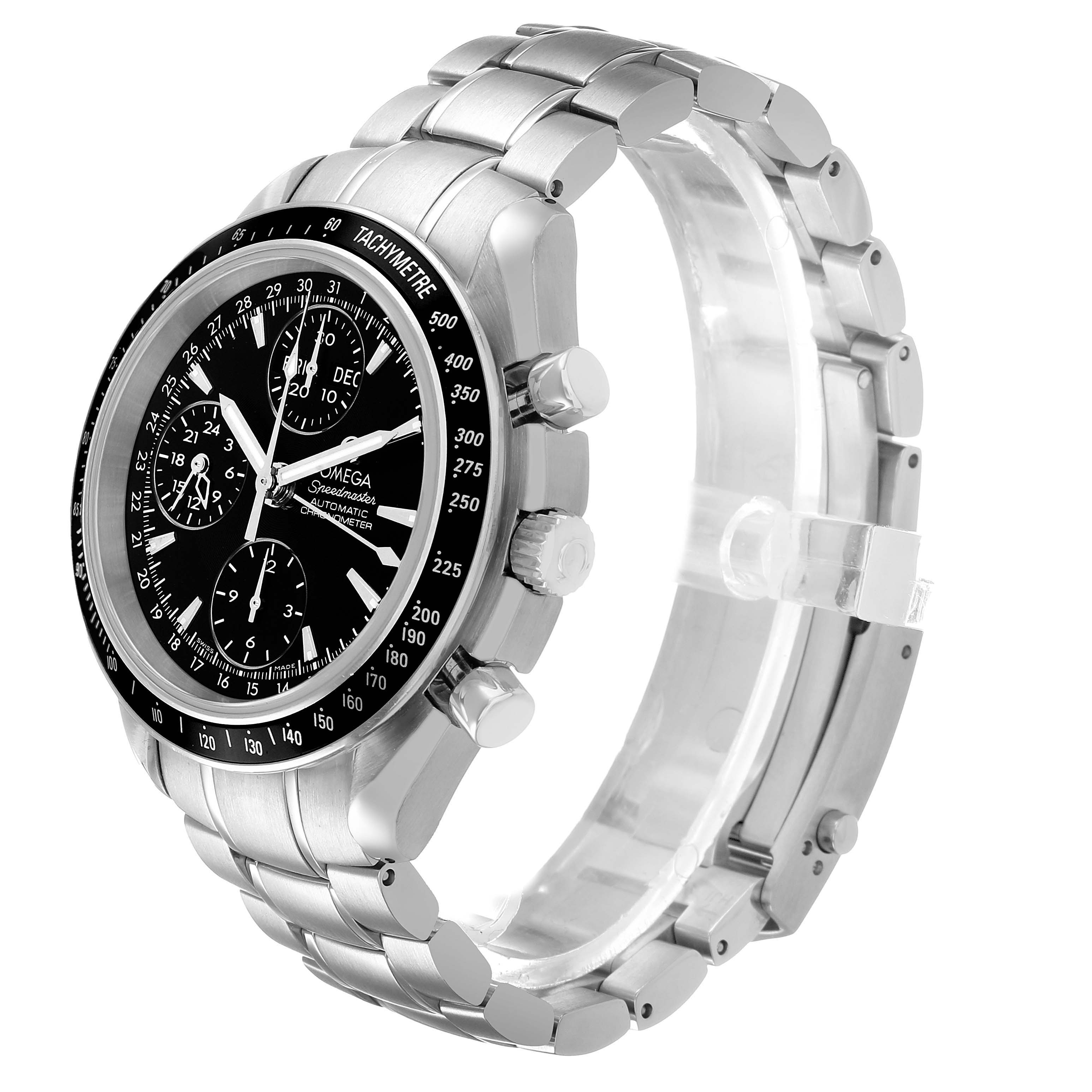 The Omega Speedmaster 3220.50.00 Men's Stainless Steel Black Dial watch is shown from a front-side angle, displaying its face, bezel, sub-dials, buttons, and metal bracelet.