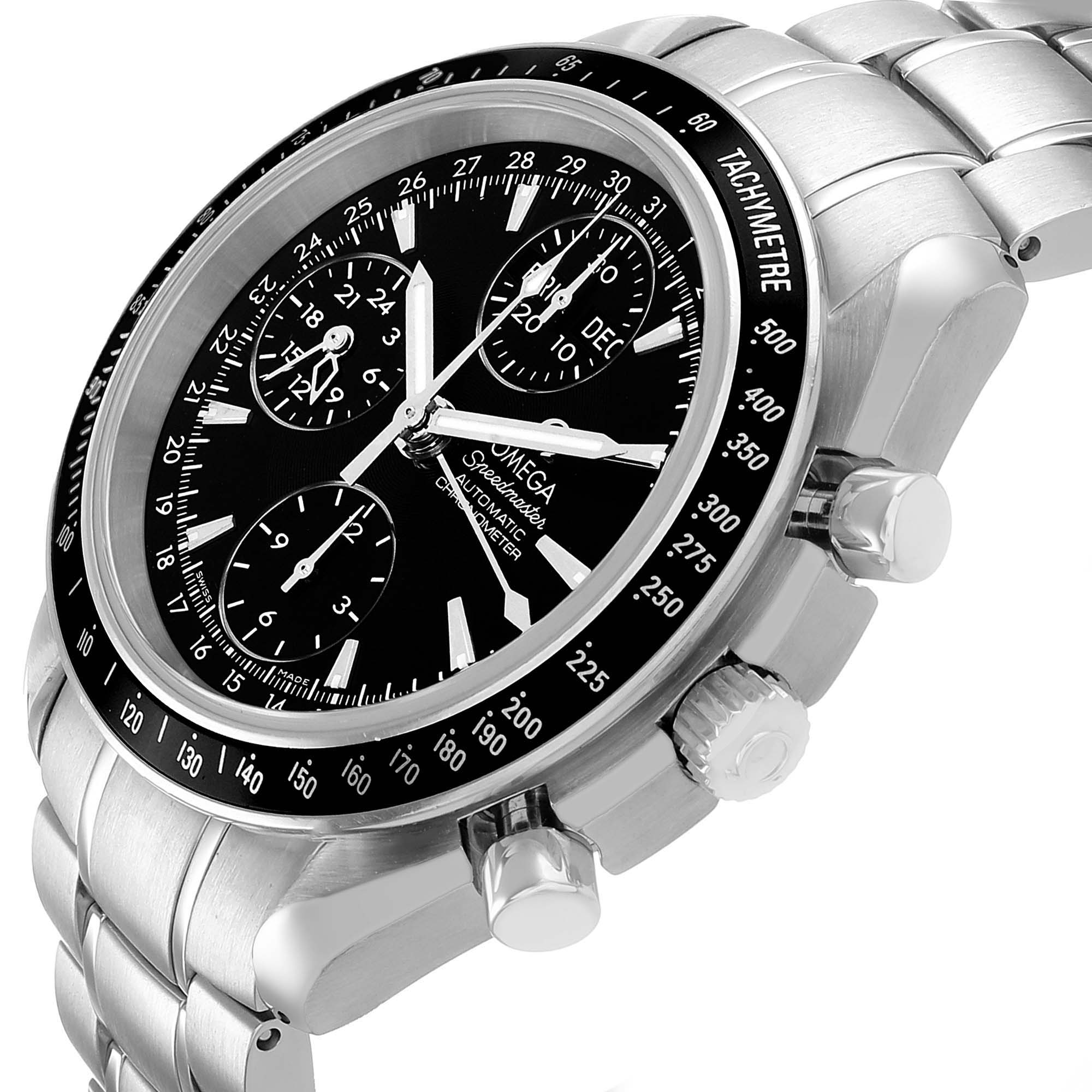 The Omega Speedmaster 3220.50.00 Men's Stainless Steel Black Dial watch is shown from a side angle, displaying the bezel, crown, pushers, and part of the bracelet.