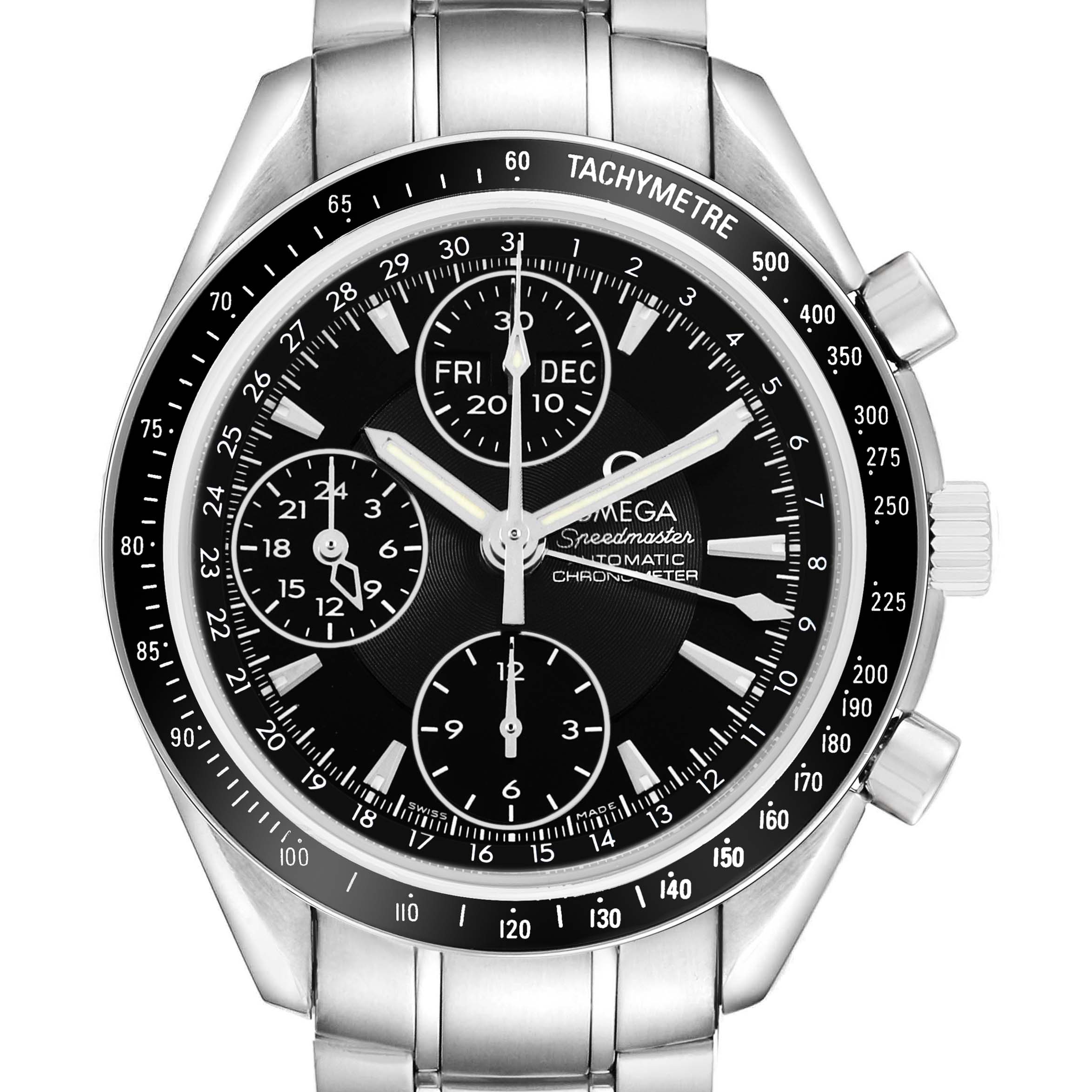 The Omega Speedmaster 3220.50.00 Men's Stainless Steel Black Dial watch is shown from the front, displaying the tachymeter bezel, chronograph subdials, and date display.