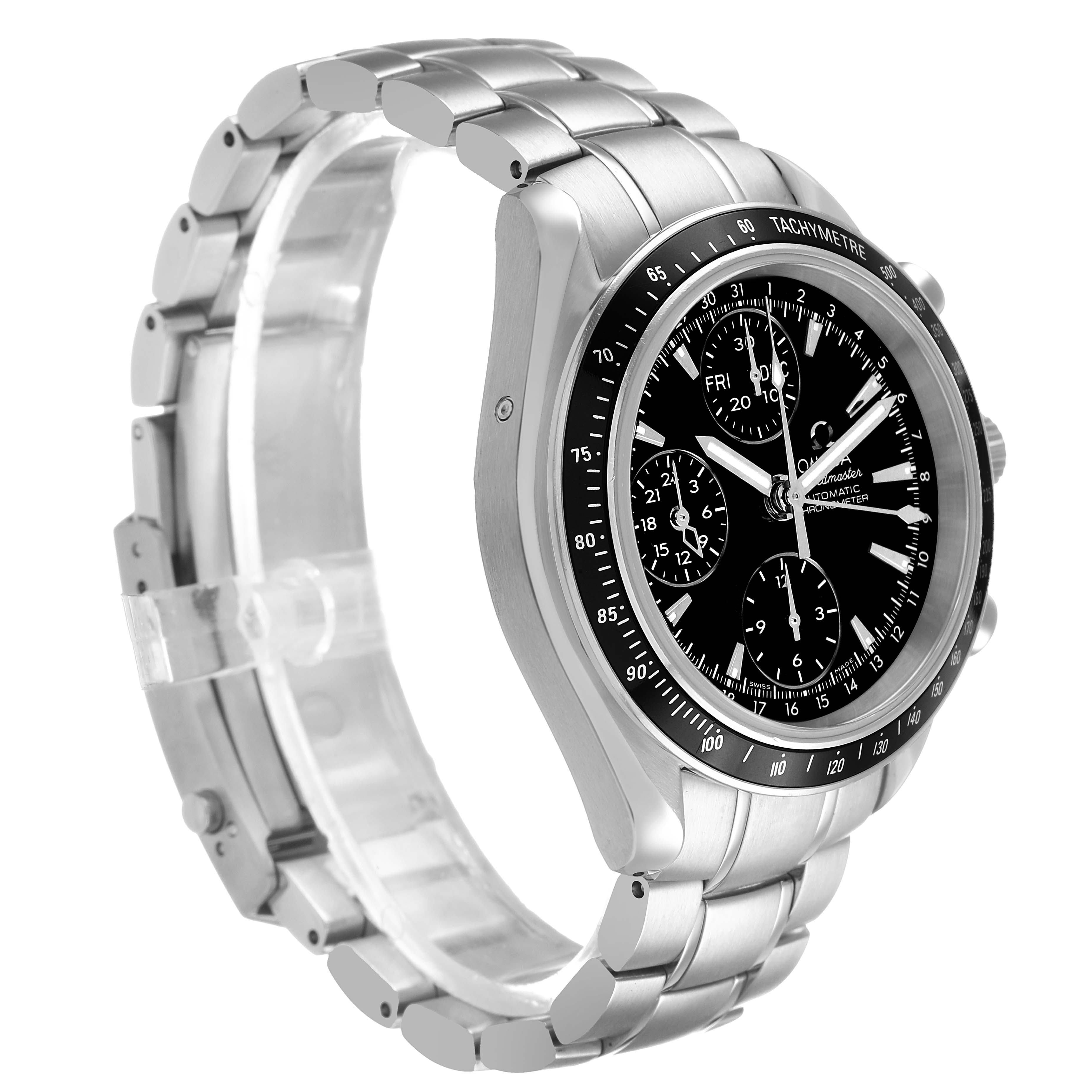 The Omega Speedmaster 3220.50.00 Men's Stainless Steel Black Dial watch is shown at a side angle, displaying its face, bezel, and bracelet.