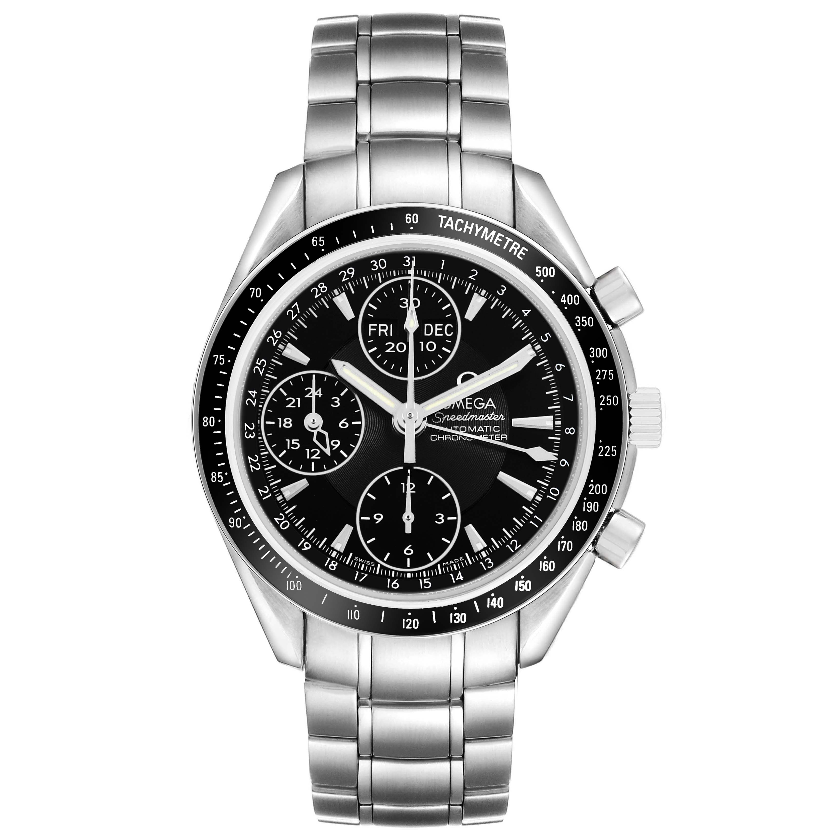 The Omega Speedmaster 3220.50.00 Men's Stainless Steel Black Dial watch is shown from the front, displaying its dial, bezel, and bracelet.