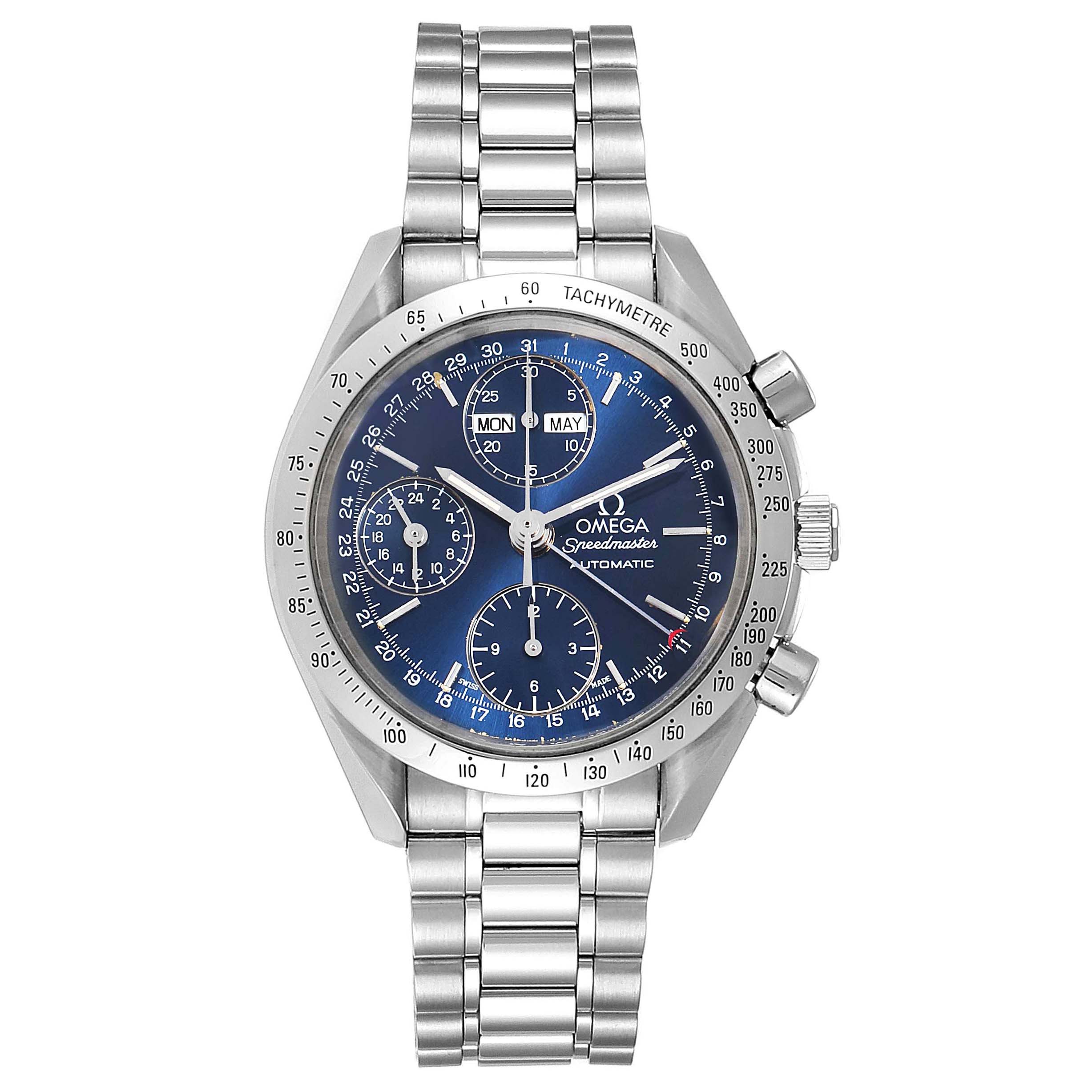 The image shows a front view of an Omega Speedmaster 3521.80.00 Men
s Stainless Steel Blue Dial 3521.80.00 Men
s Stainless Steel Blue Dial watch with a blue dial and stainless steel bracelet.